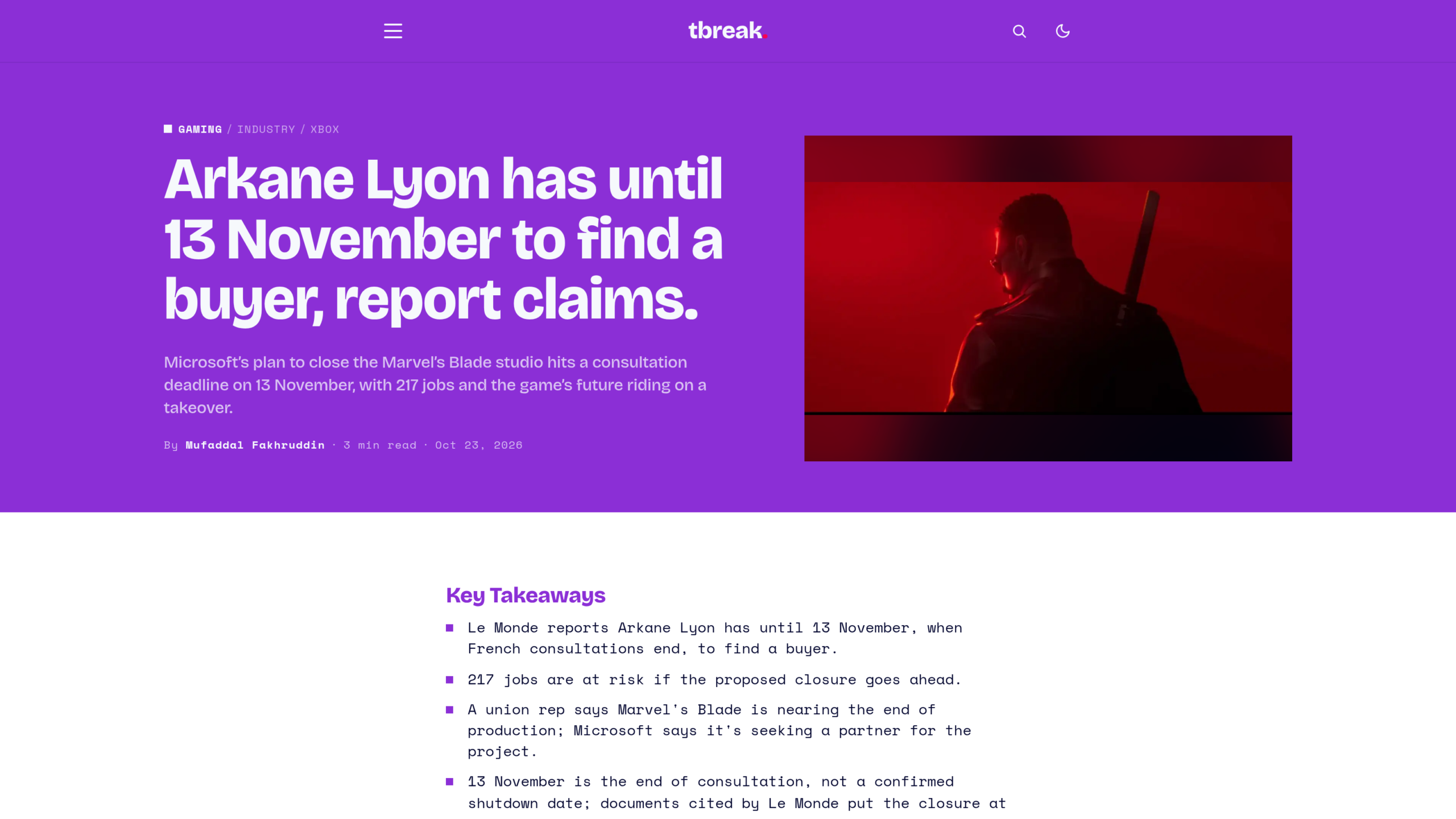 Article de T-Break sur la fermeture d'Arkane Lyon, titré « Arkane Lyon has until 13 November to find a buyer, report claims », avec un personnage de dos portant un sabre sur fond rouge