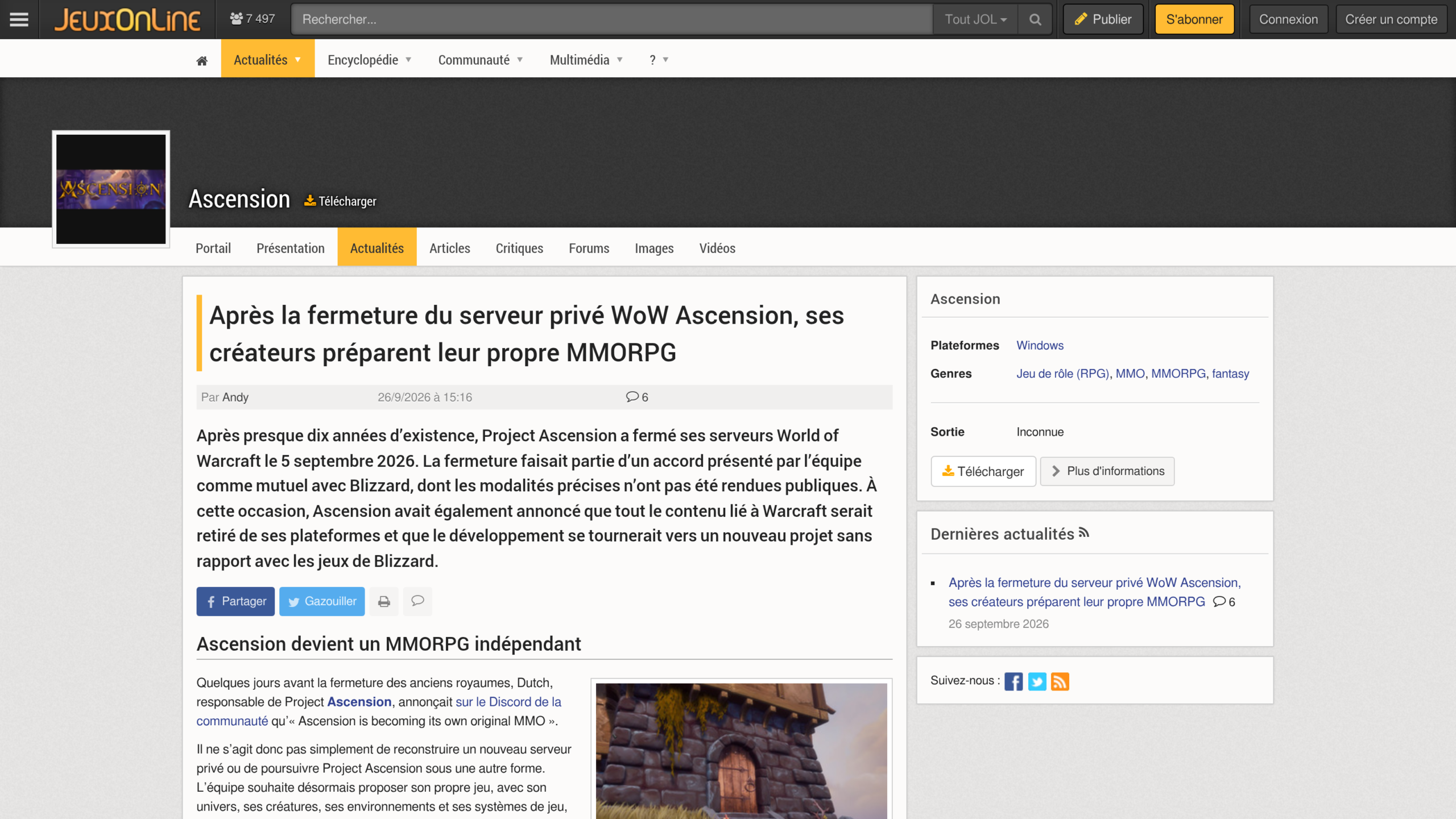 Page de l'article de JeuxOnLine signé Andy et daté du 26 septembre 2026, sur le MMORPG que préparent les créateurs d'Ascension