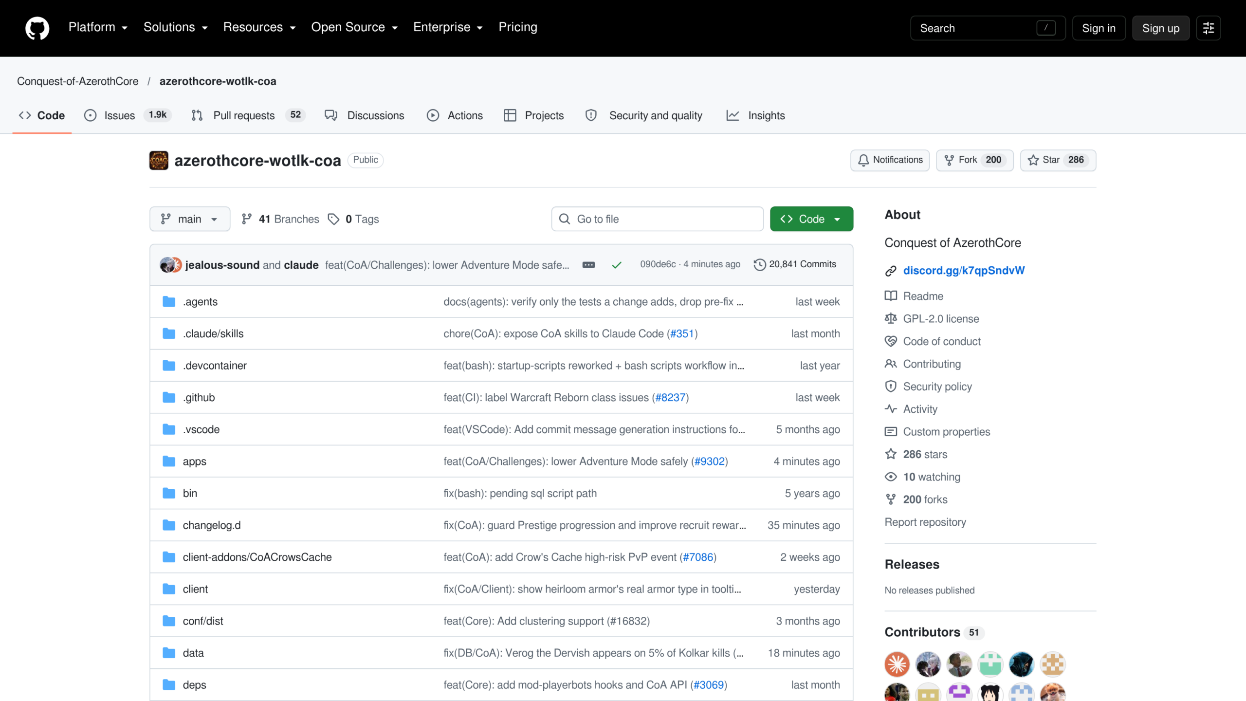 Page GitHub du projet Conquest of AzerothCore affichant 286 étoiles, 200 forks et des modifications datant de quelques minutes