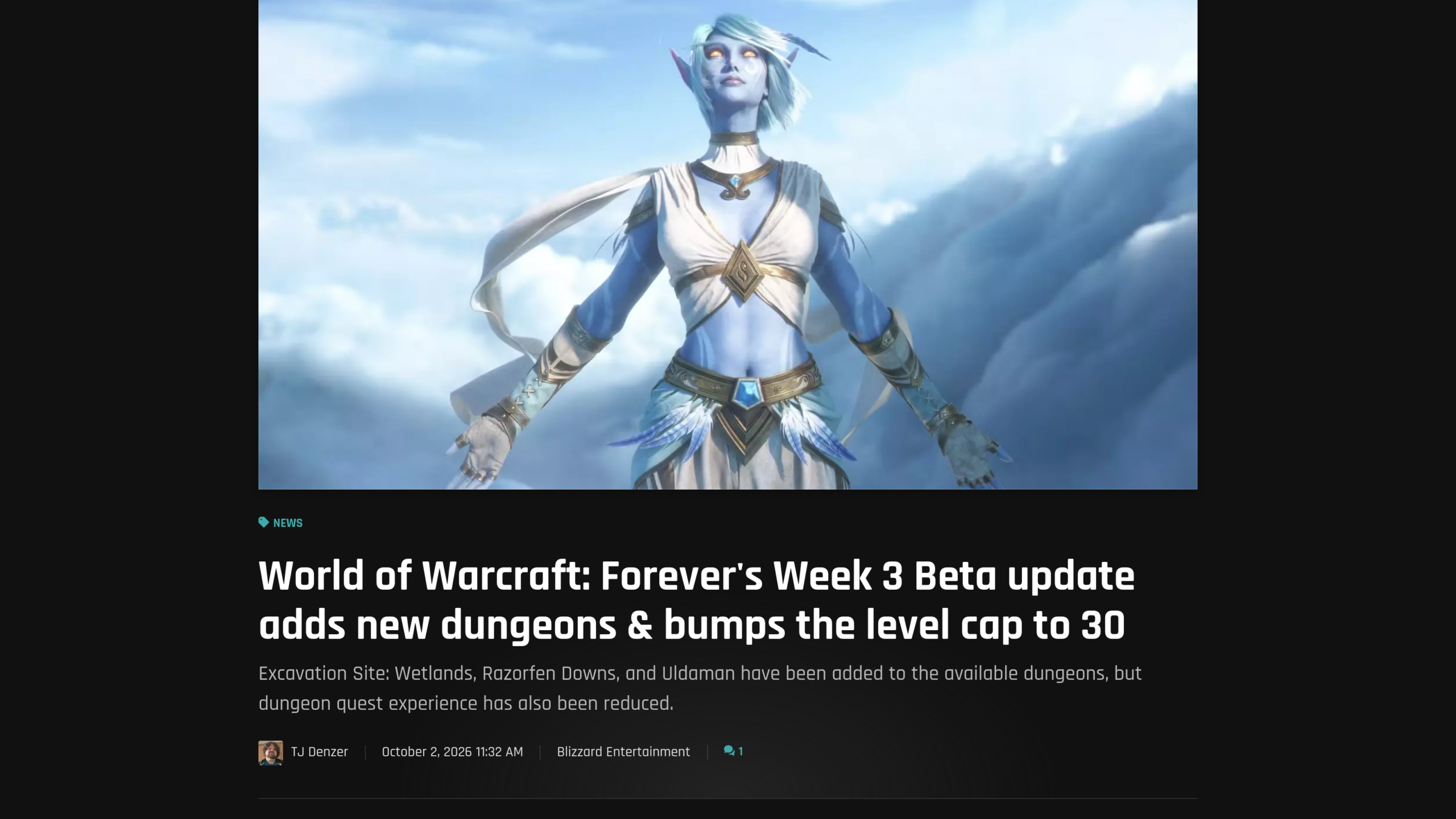 Article du site Shacknews daté du 2 octobre 2026, signé TJ Denzer, illustré par une elfe de la nuit vêtue de blanc devant un ciel nuageux, qui annonce que la semaine 3 de la bêta WoW Forever ajoute des donjons et relève le niveau maximum à 30