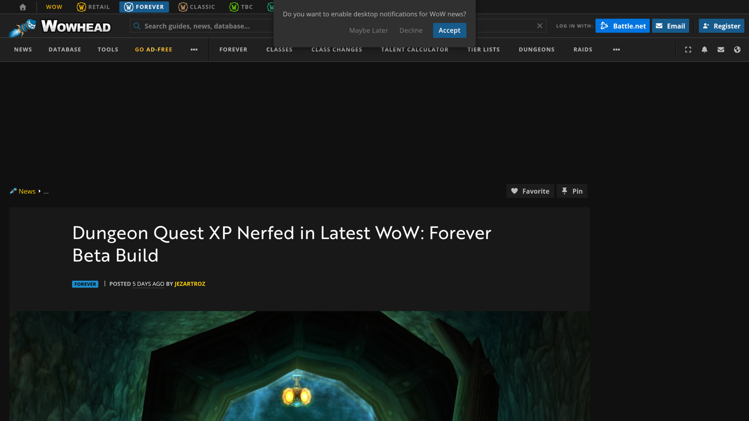 Article de Wowhead signé Jezartroz, titré Dungeon Quest XP Nerfed in Latest WoW: Forever Beta Build, au-dessus d'une capture de l'entrée d'une grotte