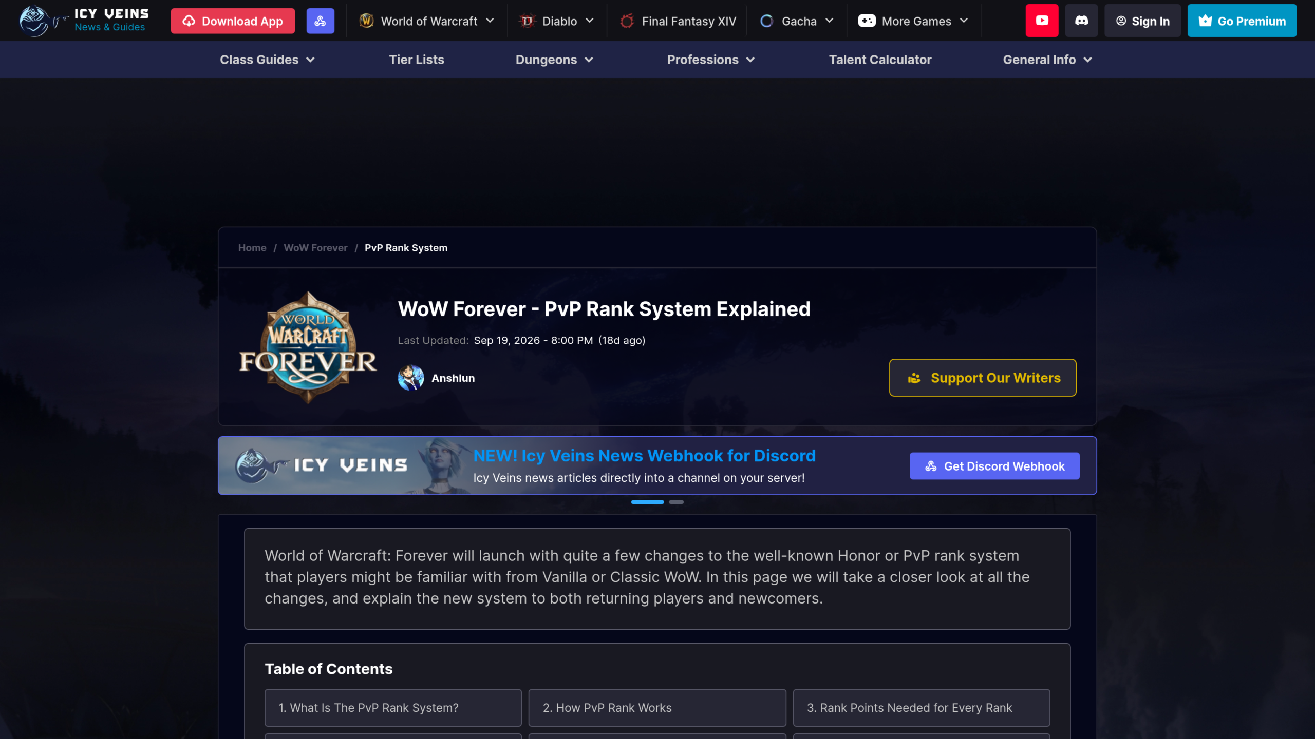 Page du site Icy Veins intitulée WoW Forever - PvP Rank System Explained, signée Anshlun et mise à jour le 19 septembre 2026, avec le logo de WoW Forever et le sommaire de l'article