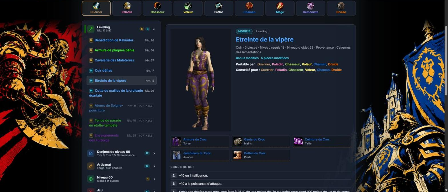 Page des sets de kami-labs.fr ouverte sur le set Étreinte de la vipère, une armure de cuir violette marquée Modifié, avec la liste de ses cinq pièces et de ses bonus de set