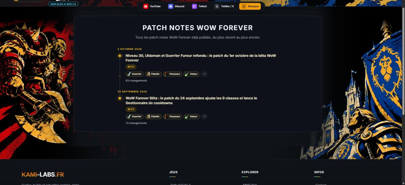 Page des patch notes WoW Forever de kami-labs.fr listant deux patchs de la bêta, celui du 1er octobre avec 93 changements et celui du 24 septembre avec 72 changements