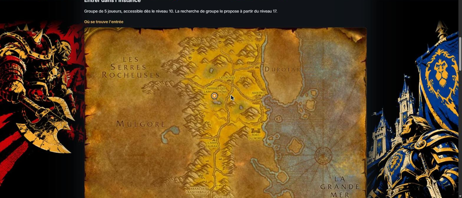 Fiche des Cavernes des lamentations sur kami-labs.fr, avec l'entrée de l'instance marquée d'un repère sur la carte des Tarides, entre les Serres-Rocheuses et Durotar