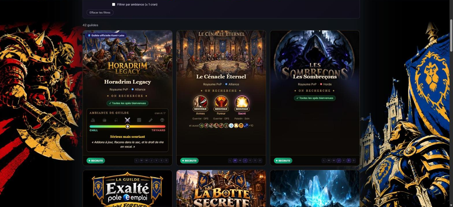Annuaire des guildes WoW Forever de kami-labs.fr : 42 guildes en cartes illustrées, dont Horadrim Legacy, Le Cénacle Éternel et Les Sombreçons, avec pour la première une jauge d'ambiance réglée entre Chill et Tryhard