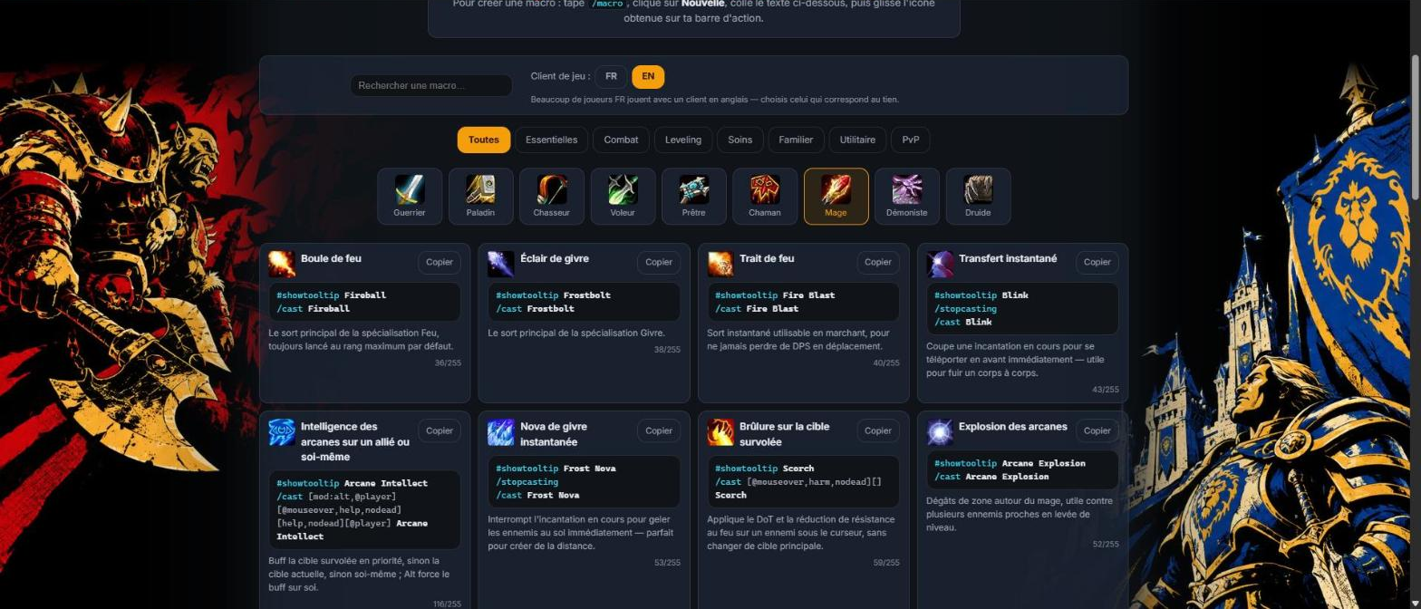 Page des macros du mage sur kami-labs.fr, avec les macros Boule de feu, Éclair de givre, Trait de feu et Transfert instantané à copier, et un choix entre client français et client anglais