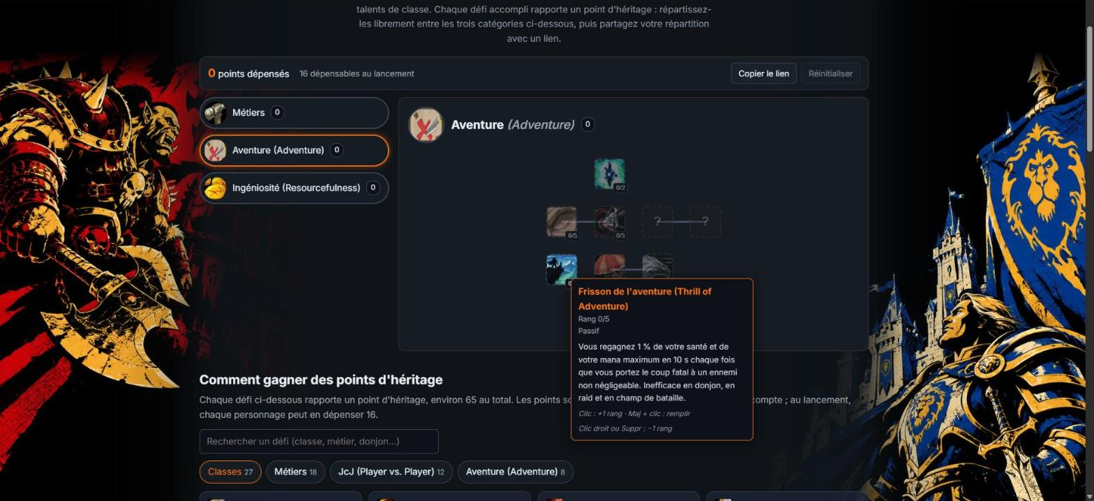 Arbre d'héritage de WoW Forever sur kami-labs.fr, catégorie Aventure, avec l'infobulle de Frisson de l'aventure : 1 % de santé et de mana maximum rendus en 10 secondes par rang, sur 5 rangs