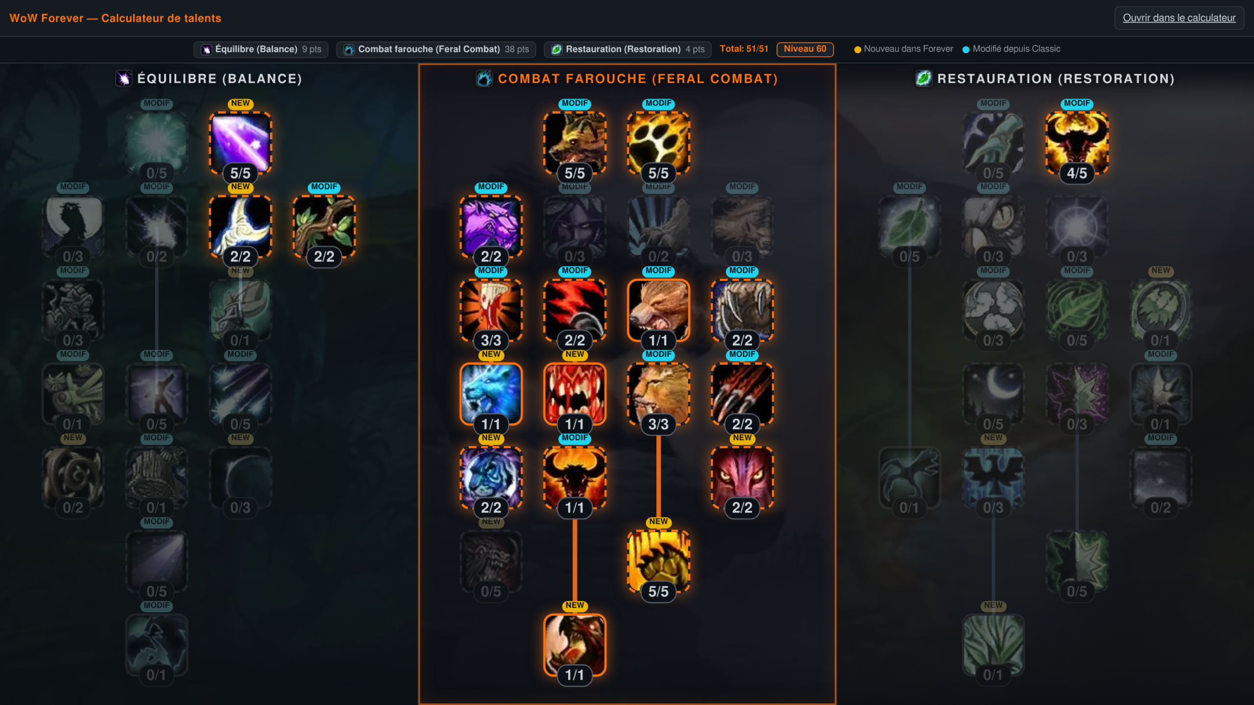 Calculateur de talents de kami-labs.fr affichant un druide niveau 60 à 51 points sur 51, avec l'arbre Combat farouche au centre rempli à 38 points ; les talents nouveaux portent une étiquette jaune et les talents modifiés une étiquette bleue