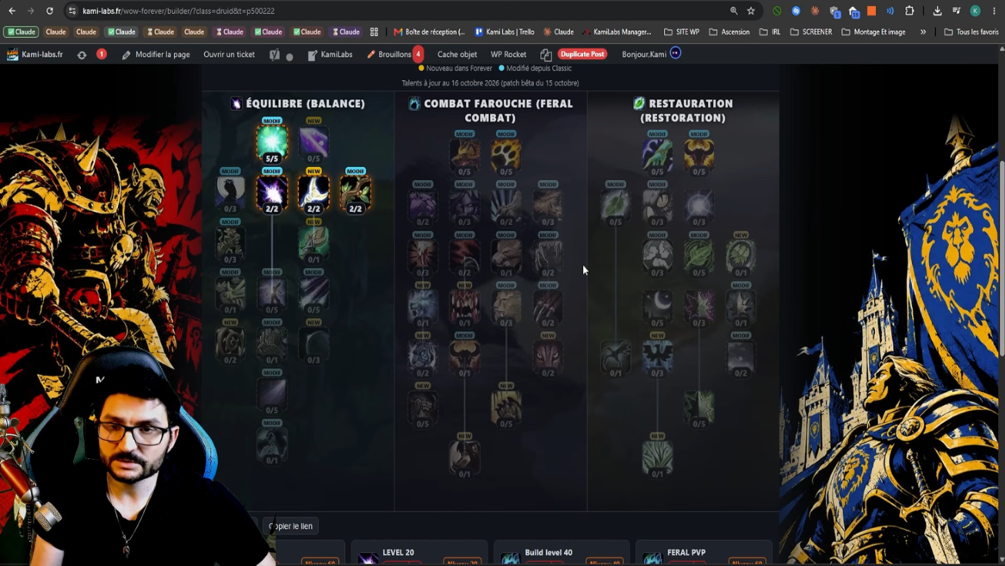 Calculateur de talents de kami-labs.fr affichant les trois arbres du druide, Équilibre, Combat farouche et Restauration, avec des pastilles Nouveau et Modifié sur les talents