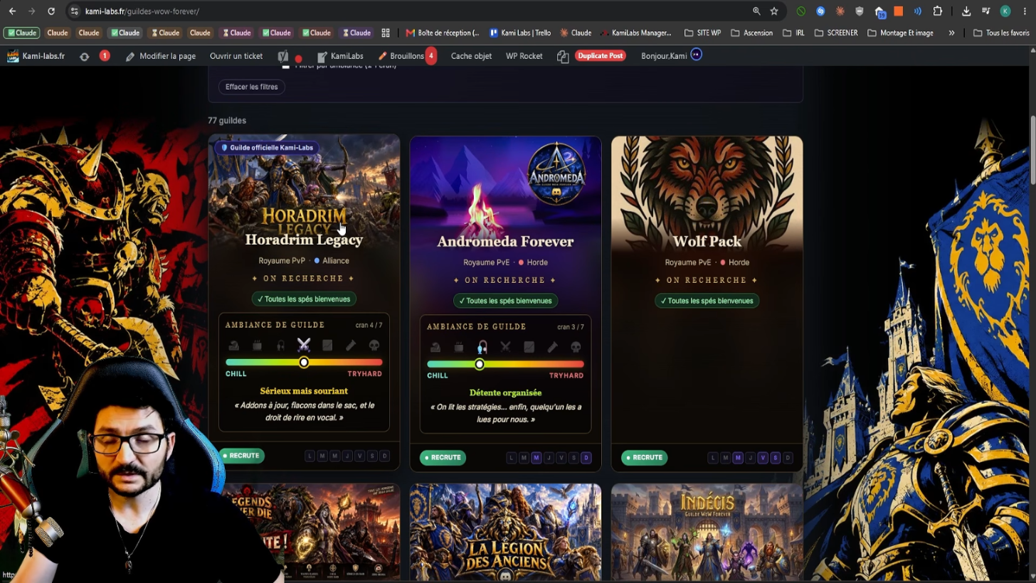 Page des guildes de kami-labs.fr affichant 77 guildes, avec les cartes Horadrim Legacy, Andromeda Forever et Wolf Pack et leur jauge d'ambiance entre chill et tryhard