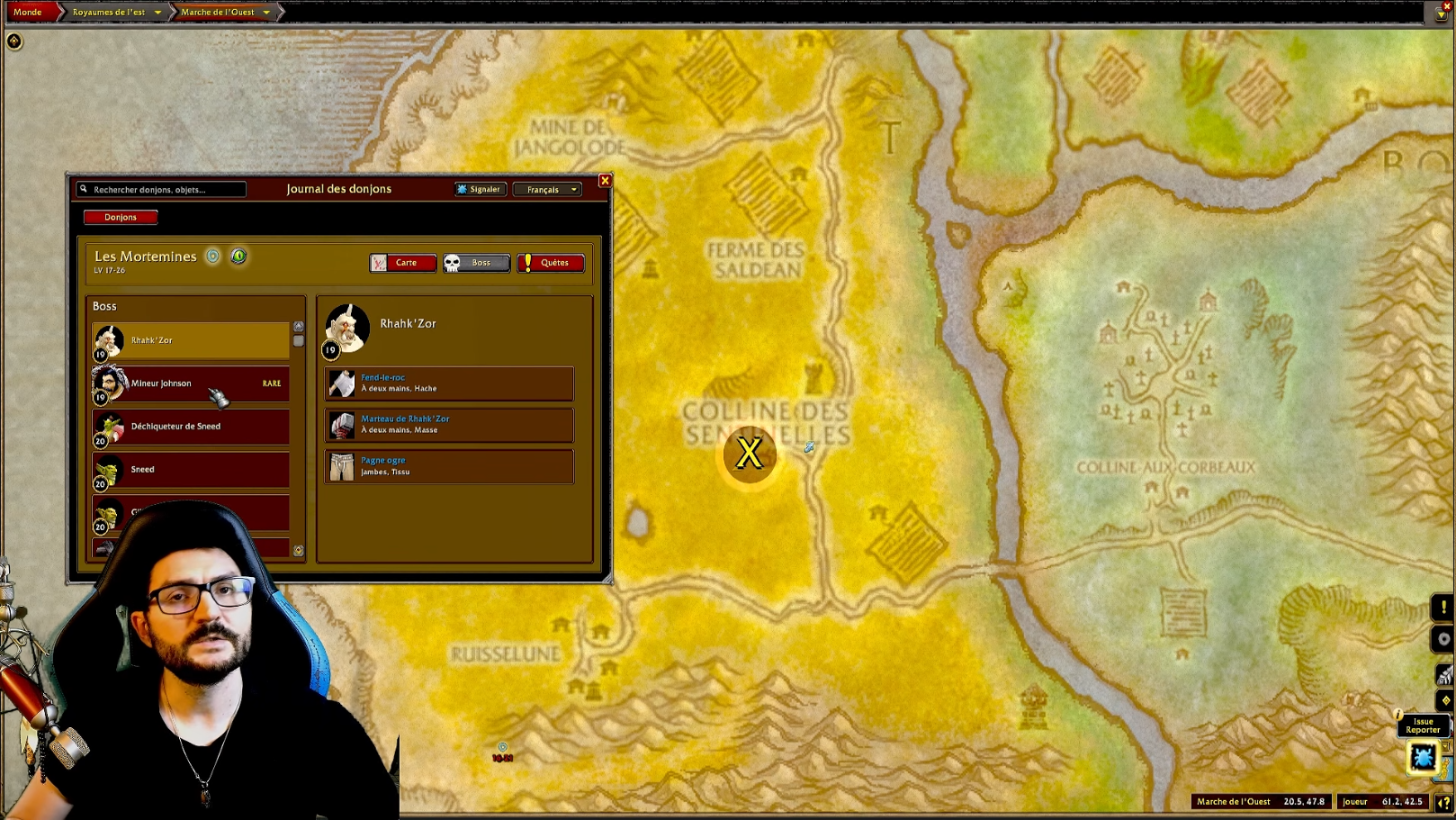 Journal des donjons ouvert sur Les Mortemines, niveaux 17 à 20, avec le boss Rhahk'Zor et son butin, et un repère X sur la Colline des Sentinelles de la carte
