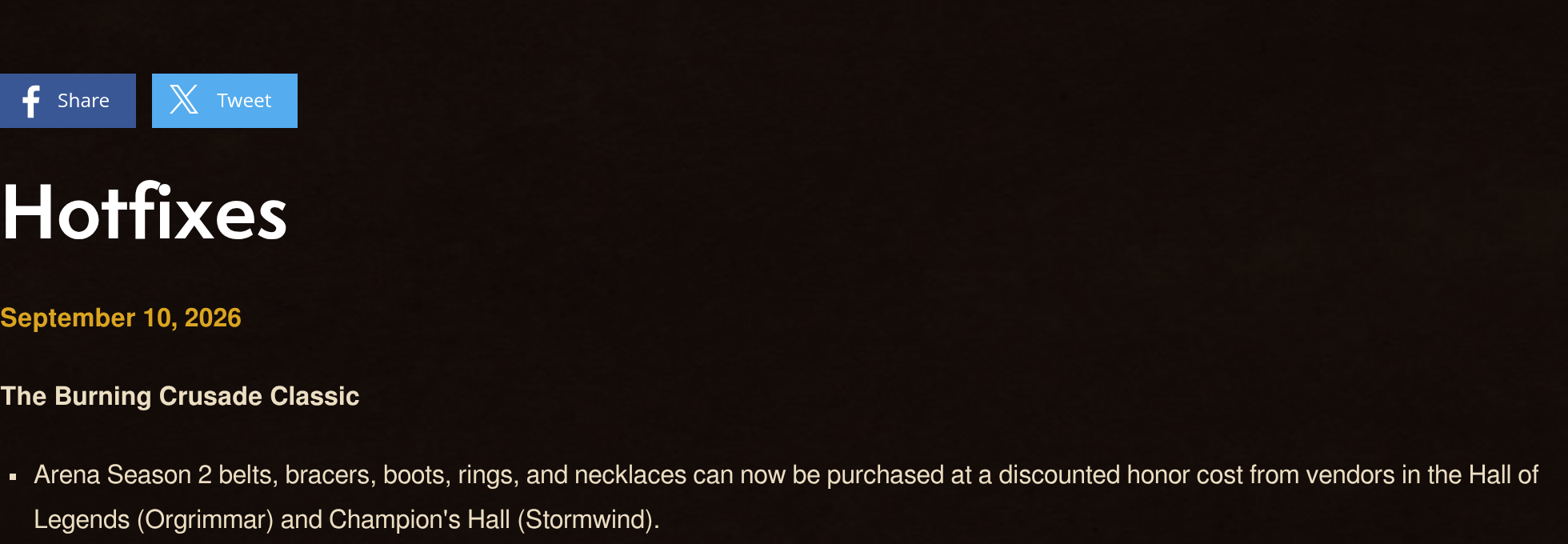 Extrait de la page Hotfixes de Blizzard : à la date du 10 septembre 2026, la ligne The Burning Crusade Classic sur les pièces d'arène de la Saison 2 à coût en honneur réduit