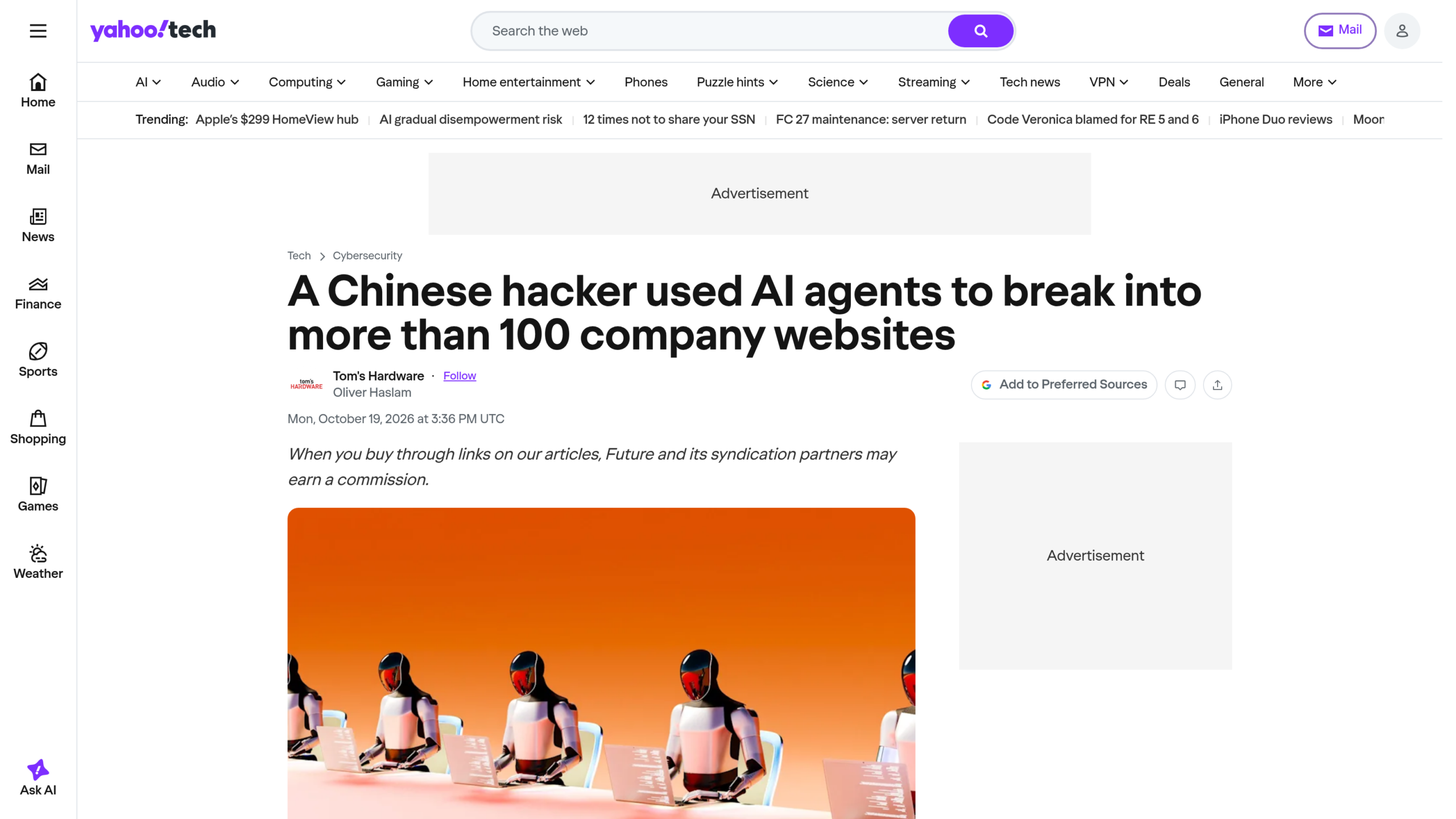 Article de Tom's Hardware sur Yahoo Tech, signé Oliver Haslam le 19 octobre 2026, sur un pirate chinois et plus de 100 sites d'entreprises, illustré par des robots alignés devant des ordinateurs portables
