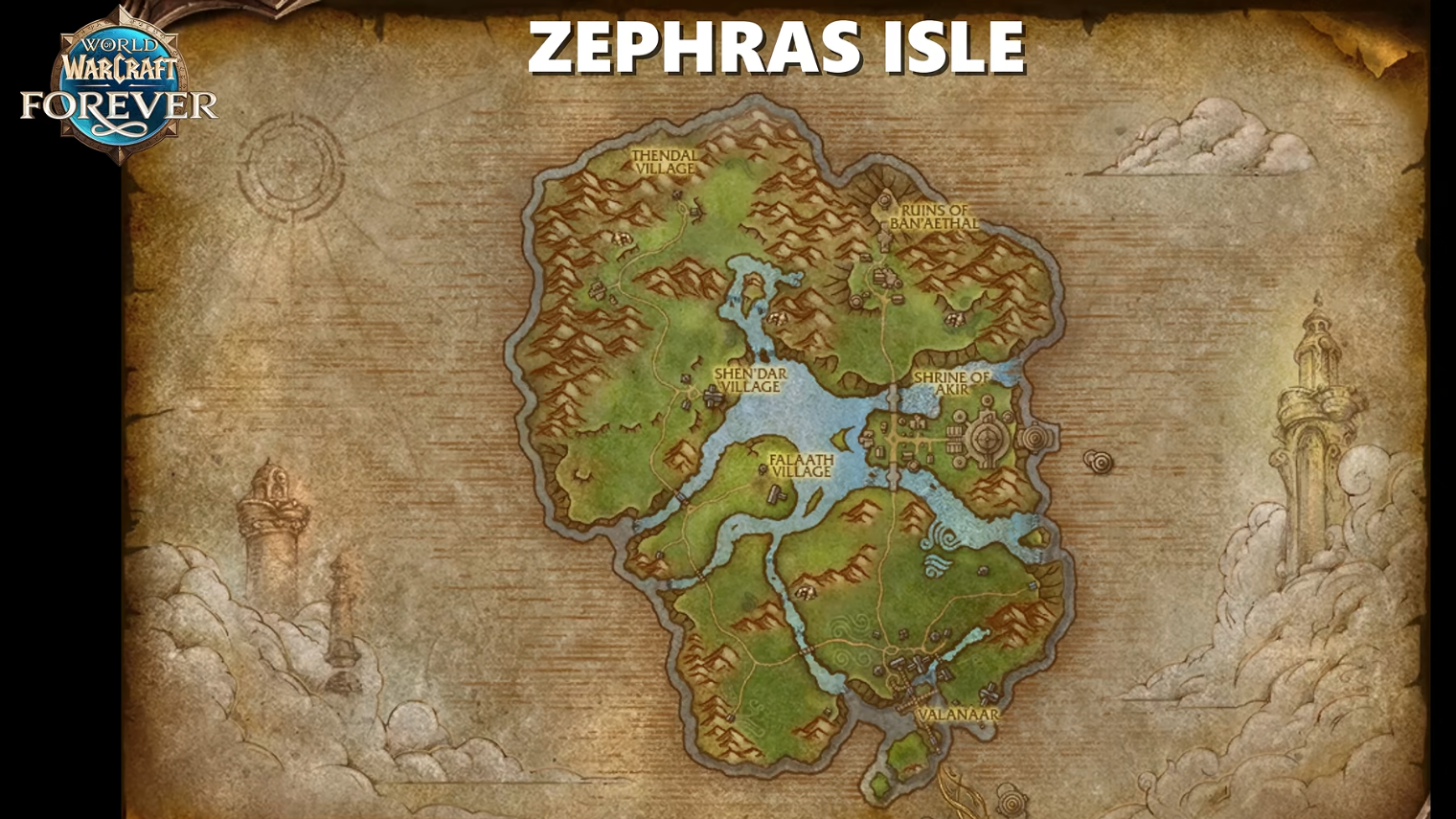 Carte dessinée de Zephras Isle avec Thendal Village, les Ruins of Ban'Aethal, Shen'dar Village, le Shrine of Akir, Falaath Village et Valanaar