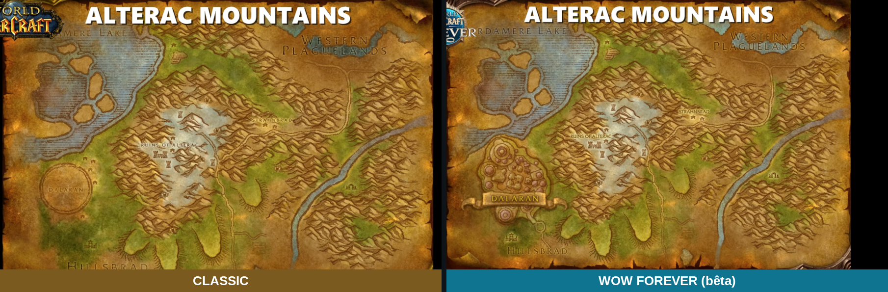 Deux cartes des Montagnes d'Alterac côte à côte : un petit bouclier violet à l'emplacement de Dalaran dans Classic, la ville entière dessinée dans Forever