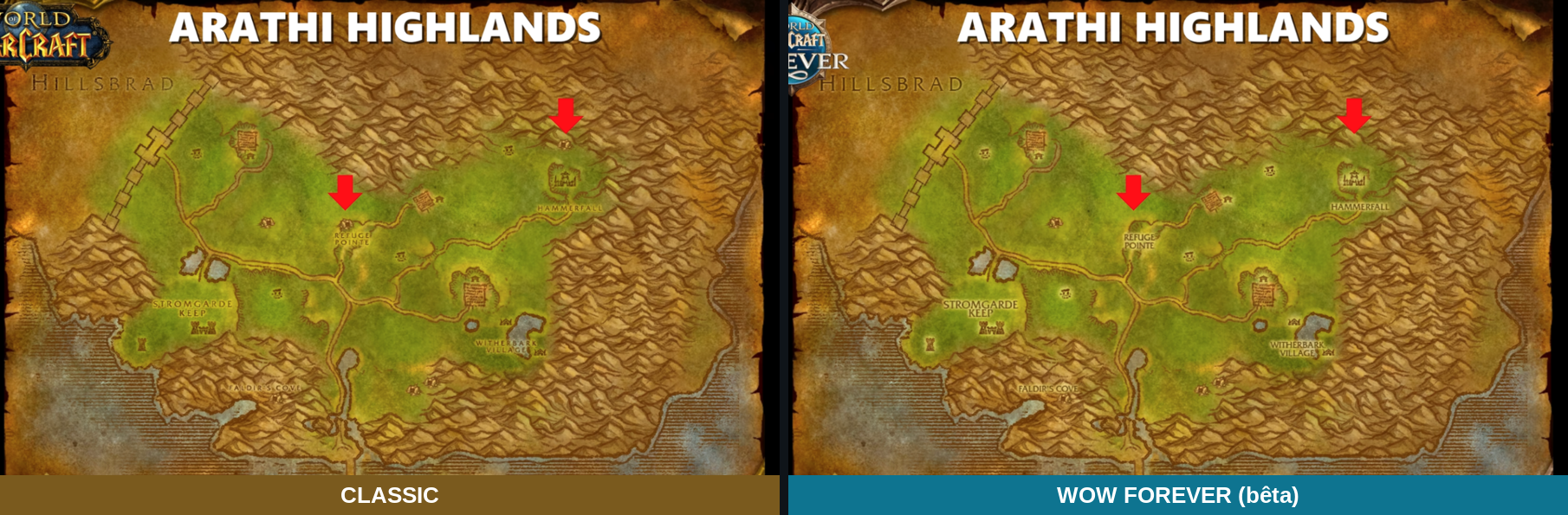 Deux cartes des Hautes-terres d'Arathi côte à côte, avec deux flèches rouges sur les entrées du Bassin Arathi retirées