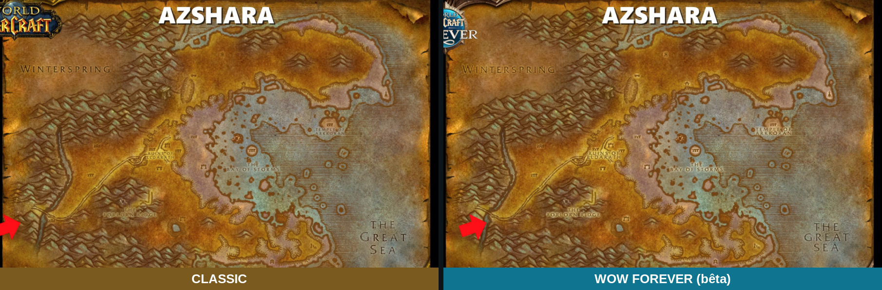 Deux cartes d'Azshara côte à côte, le marqueur de point de vol au sud présent dans Classic et absent dans Forever
