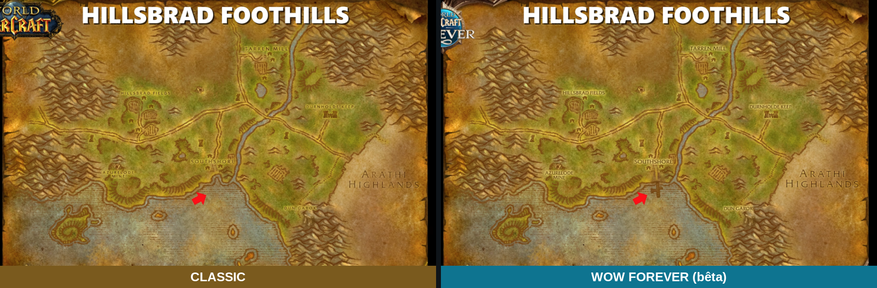 Deux cartes des Contreforts de Hautebrande côte à côte, avec un ponton ajouté à Austrivage dans la version Forever