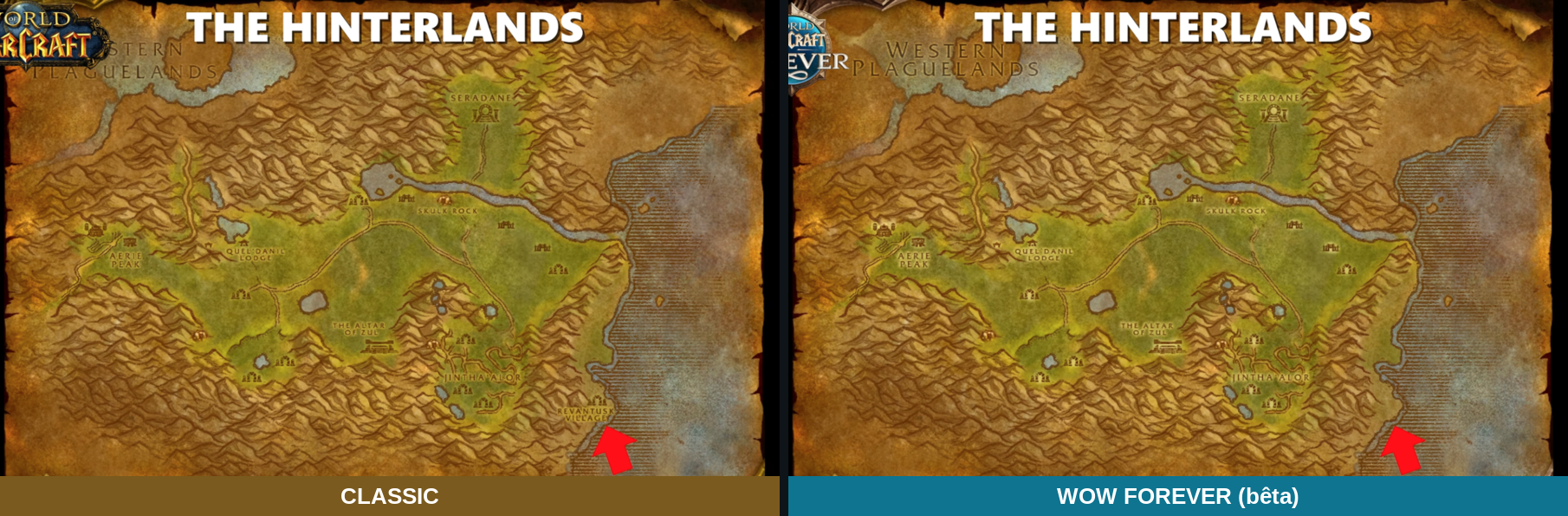 Deux cartes des Hinterlands côte à côte, l'indicateur du village à l'est absent de la version Forever