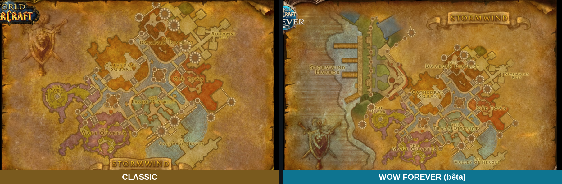 Deux cartes de Hurlevent côte à côte, le côté ouest redessiné avec le port dans la version Forever