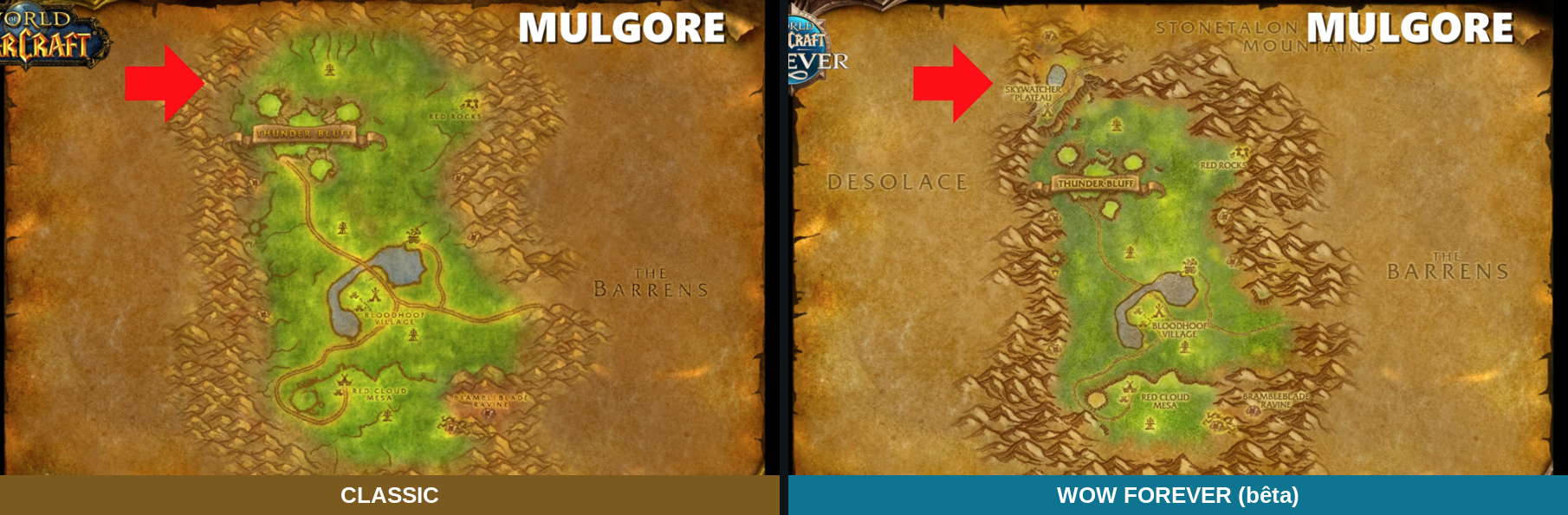 Deux cartes de Mulgore côte à côte, Classic à gauche et Forever à droite, le coin nord-ouest désigné par une flèche rouge