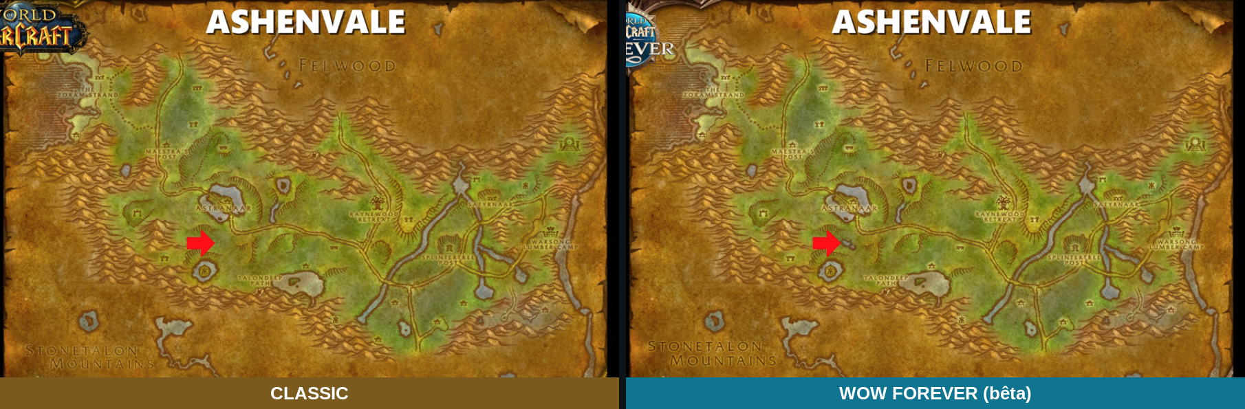 Deux cartes d'Orneval côte à côte, une petite mare dessinée dans la version Forever sur le chemin des ruines