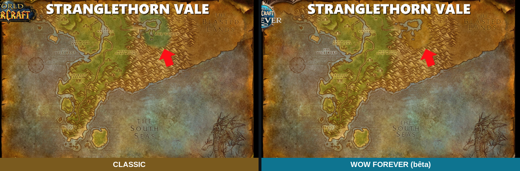 Deux cartes de la Vallée de Strangleronce côte à côte, l'étiquette et la zone colorée de Zul'Gurub absentes de la version Forever