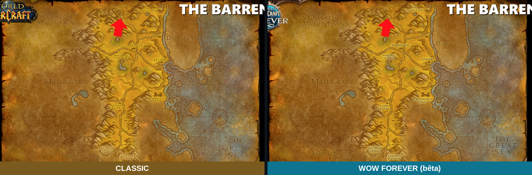Deux cartes des Tarides côte à côte, la grotte du nord absente de la version Forever