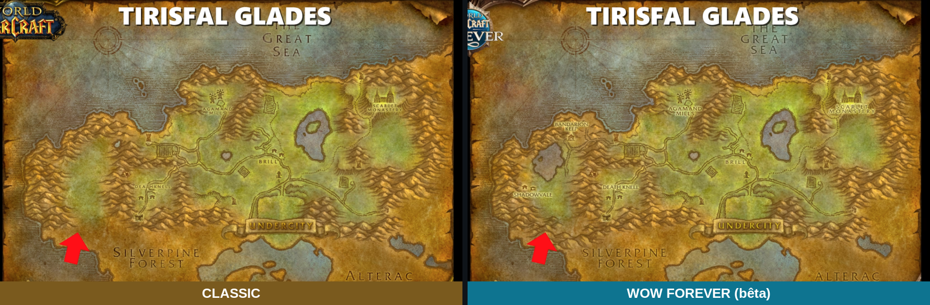 Deux cartes des Clairières de Tirisfal côte à côte, la partie ouest vide dans Classic et occupée par Shadowvale et Bandarion Keep dans Forever