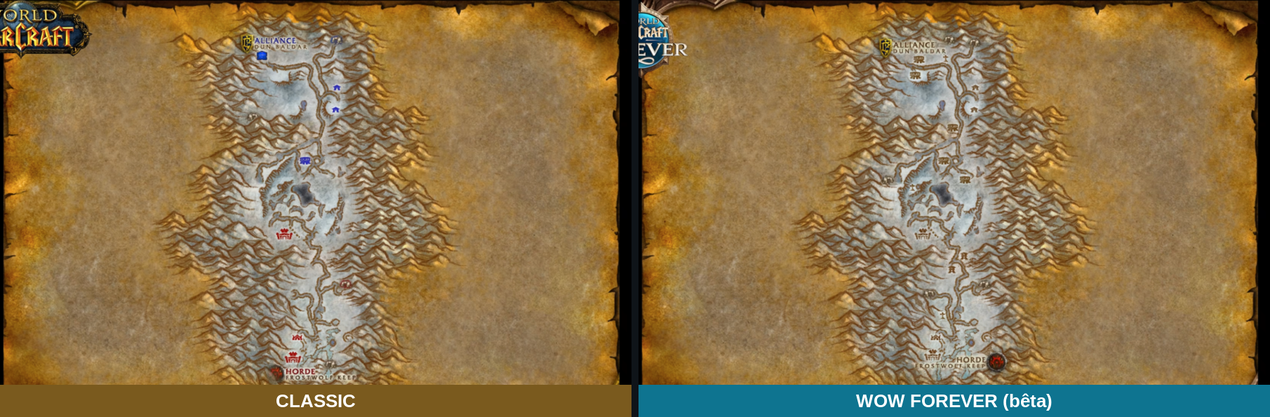 Deux cartes de la Vallée d'Alterac côte à côte, sans les couleurs de faction ni la caverne du nord dans la version Forever