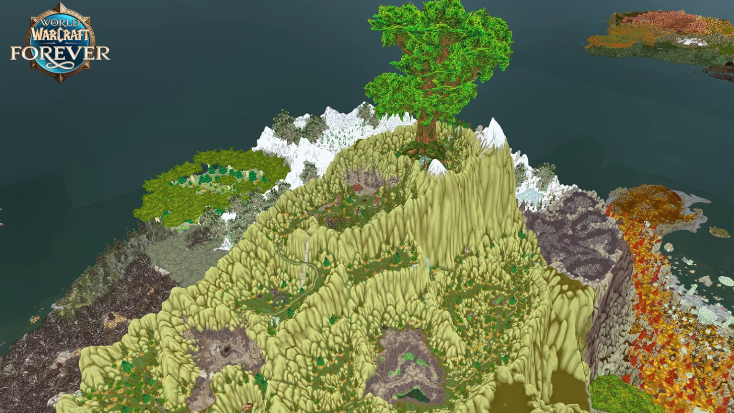 Le Mont Hyjal vu depuis les airs, avec l'immense arbre Nordrassil redessiné au sommet