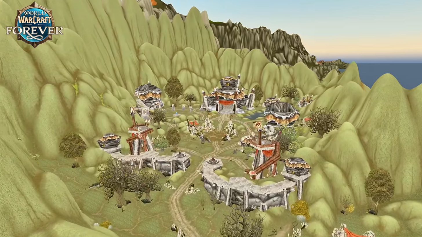 Vue aérienne de Bolder'ok, ville de la Horde aux bâtiments orcs