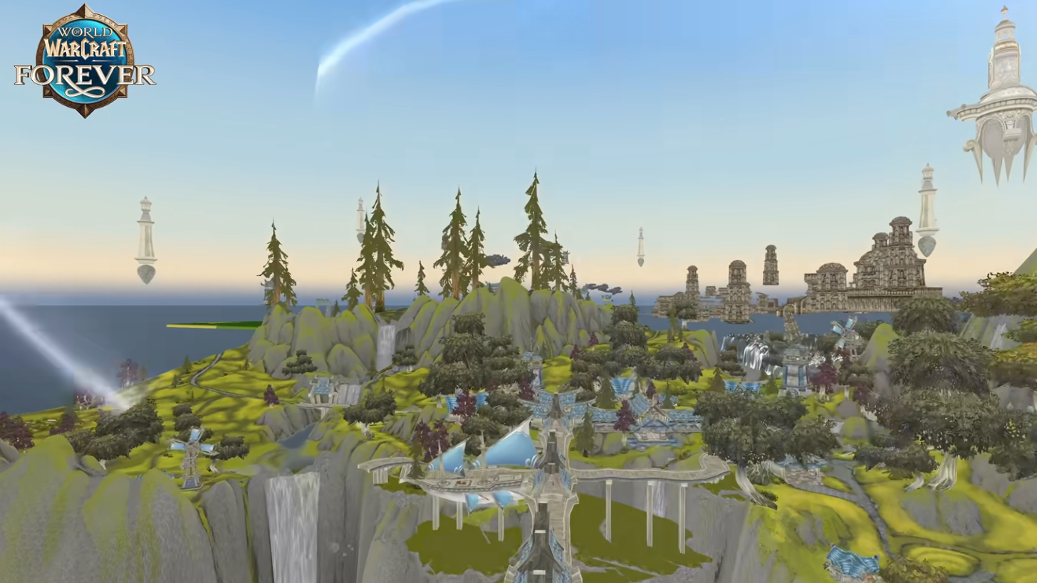Vue aérienne de tours blanches flottantes et de bâtiments des Skyborne