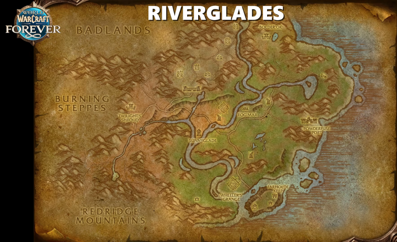 Carte dessinée de Riverglades sur parchemin, avec Bolder'ok en haut, Farholde Keep en bas à droite et, autour, Badlands, Burning Steppes et Redridge Mountains