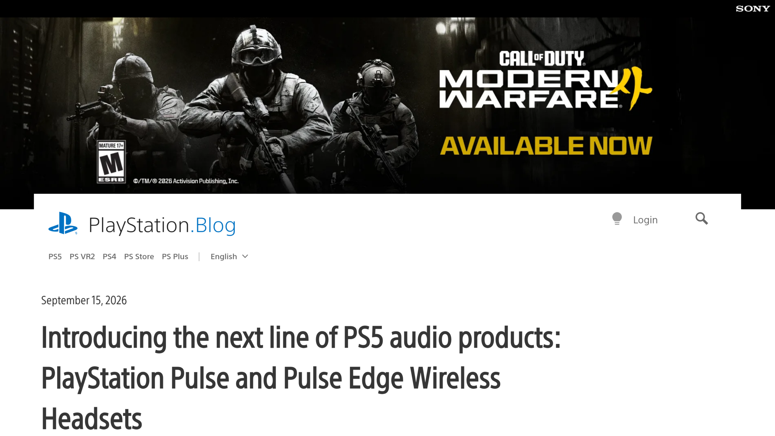 Page du PlayStation Blog datée du 15 septembre 2026, titrée Introducing the next line of PS5 audio products: PlayStation Pulse and Pulse Edge Wireless Headsets