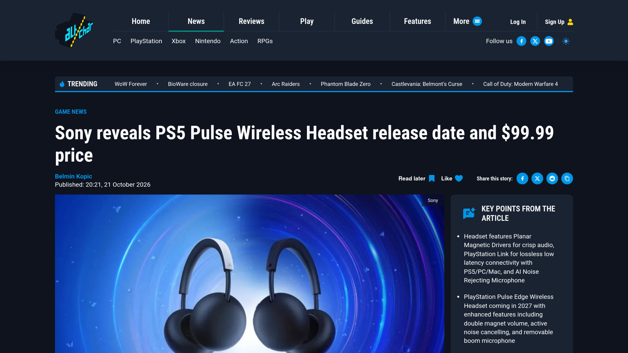 Article d'Altchar du 21 octobre 2026 signé Belmin Kopic, titré Sony reveals PS5 Pulse Wireless Headset release date and $99.99 price, avec le casque noir et blanc