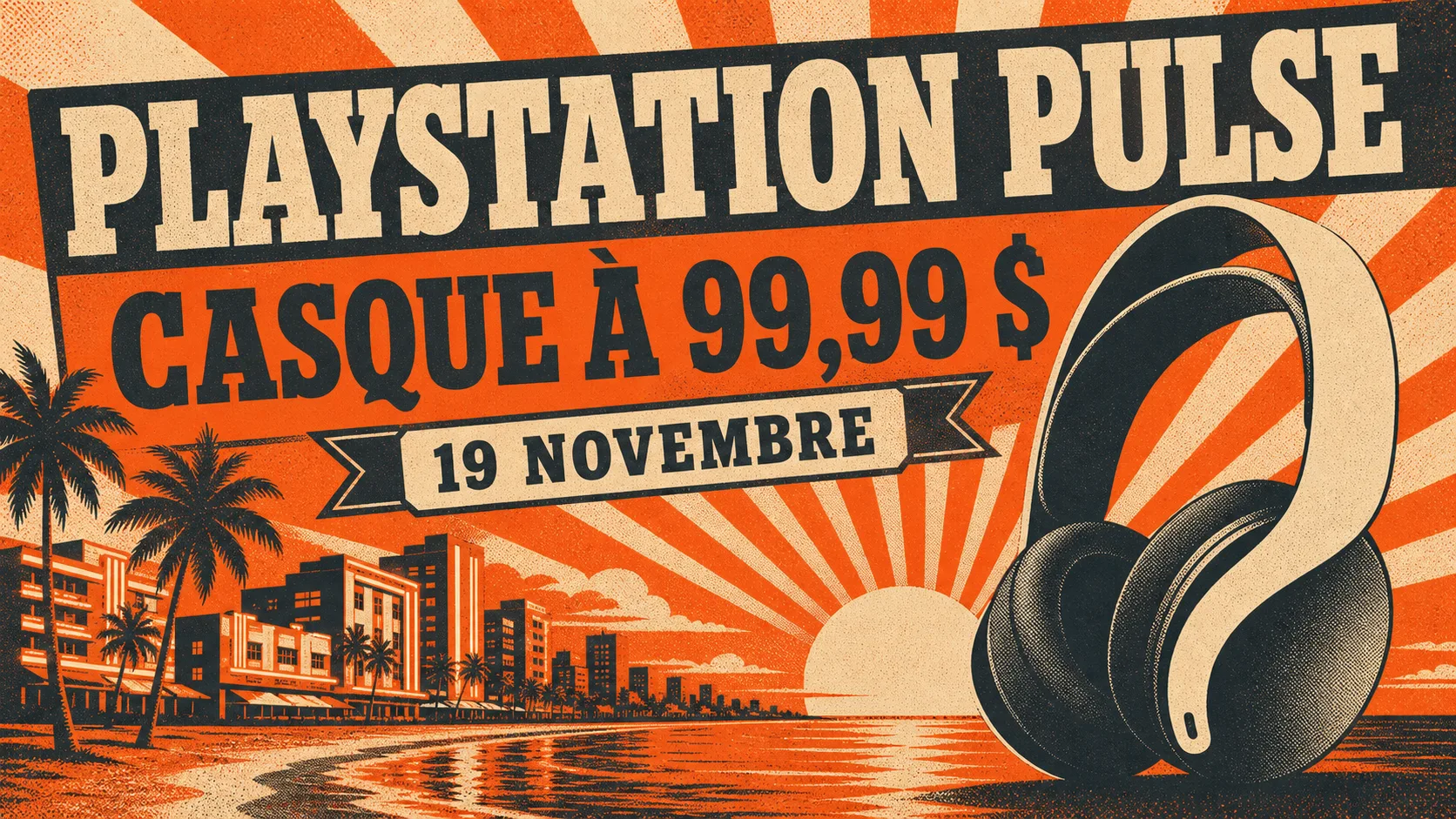 Affiche sérigraphiée orange et crème : un casque sans fil PlayStation Pulse devant une plage au coucher du soleil bordée de palmiers, avec les textes « PlayStation Pulse », « Casque à 99,99 $ » et « 19 novembre »