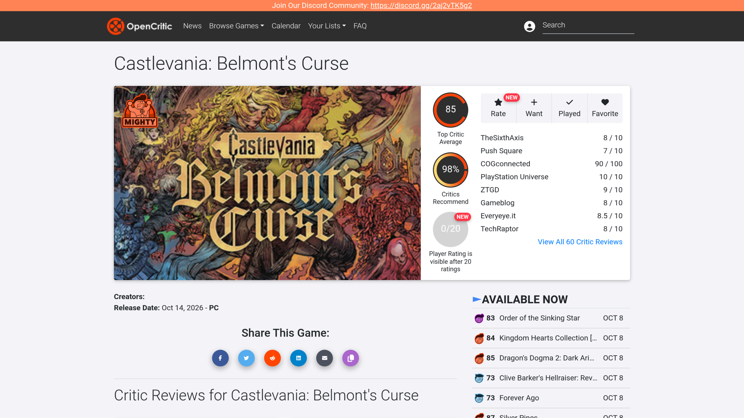 Page OpenCritic du jeu : moyenne des critiques 85, 98 % de recommandations, liste de notes dont TheSixthAxis 8/10, Push Square 7/10, COGconnected 90/100 et PlayStation Universe 10/10, sortie indiquée le 14 octobre 2026 sur PC