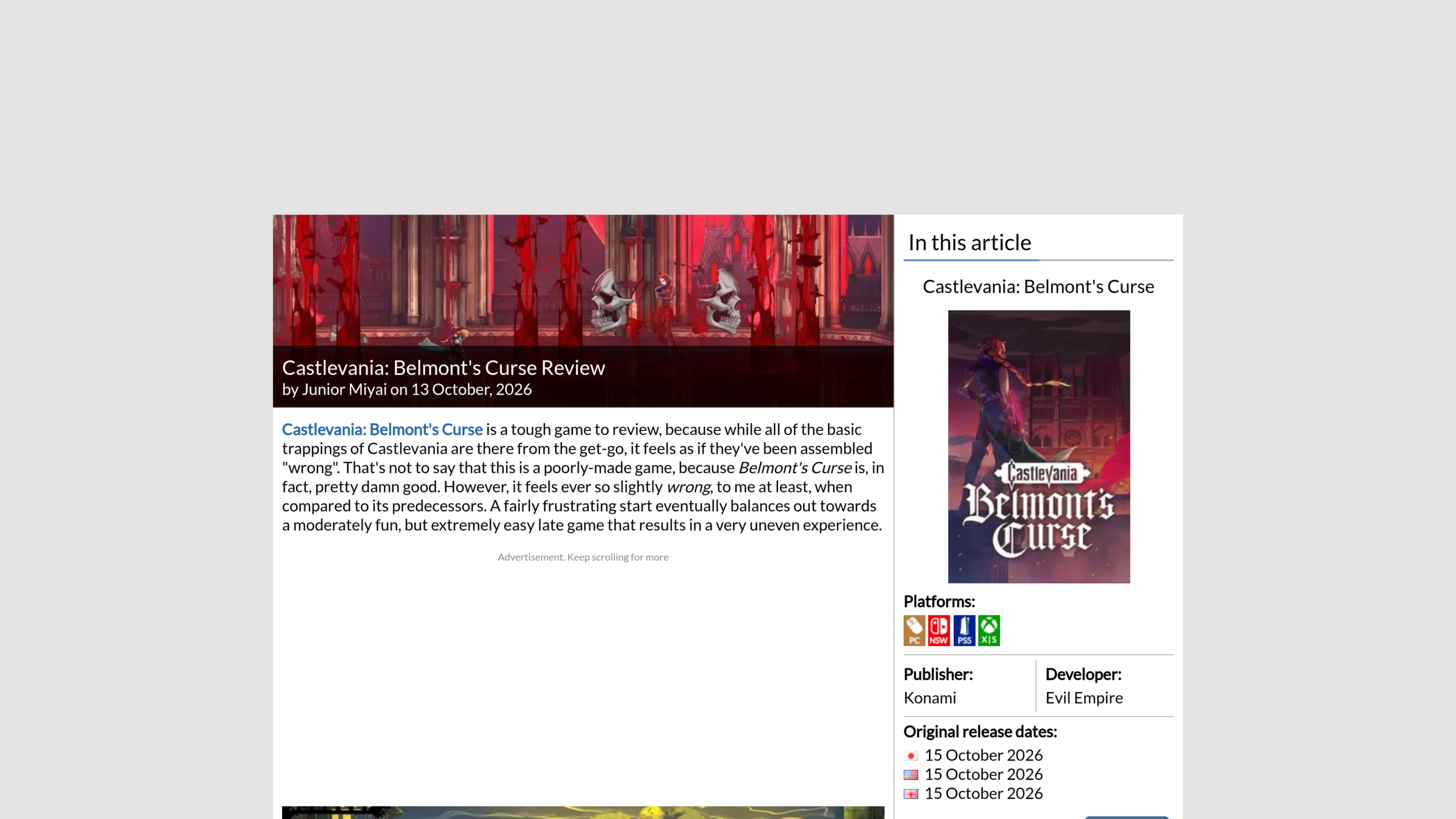 Critique RPG Site de Junior Miyai datée du 13 octobre 2026, avec un paragraphe sur un début frustrant et une fin extrêmement facile, et un encart Konami, Evil Empire, sortie le 15 octobre 2026 sur PC, Switch, PS5 et Xbox Series