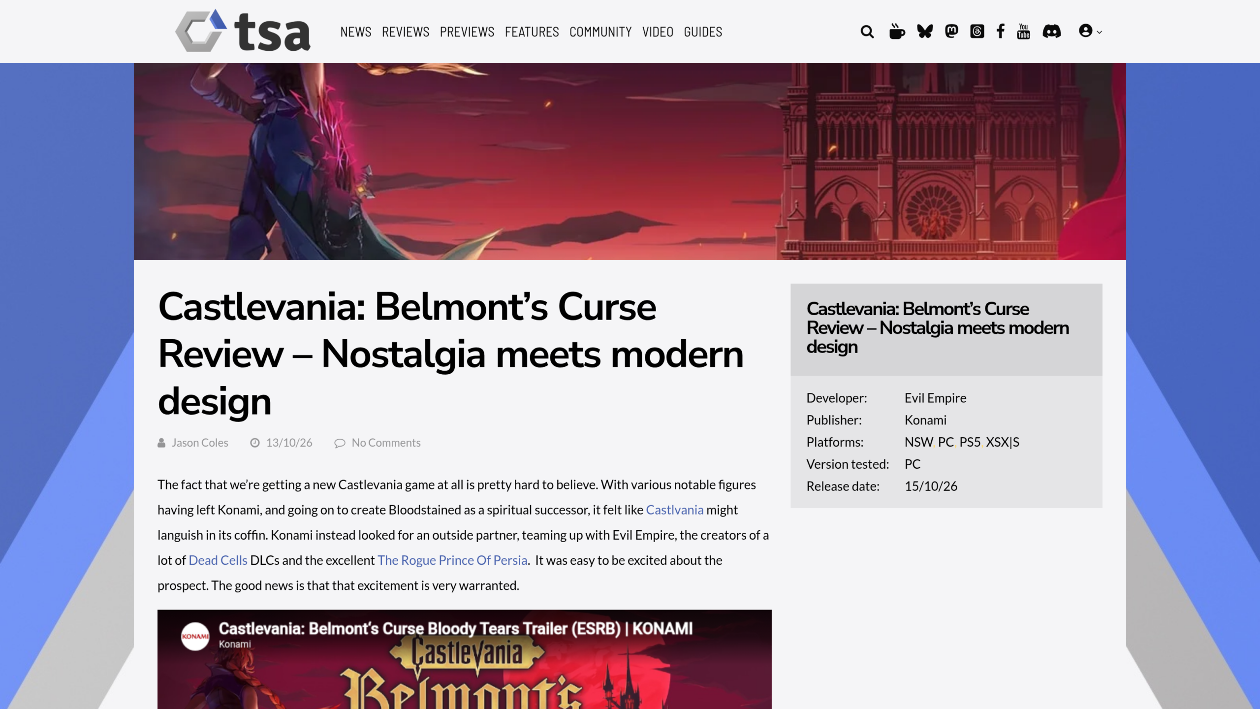 Critique TheSixthAxis intitulée Nostalgia meets modern design, par Jason Coles, 13/10/26, avec les plateformes Switch, PC, PS5 et Xbox Series, version testée sur PC, sortie le 15/10/26