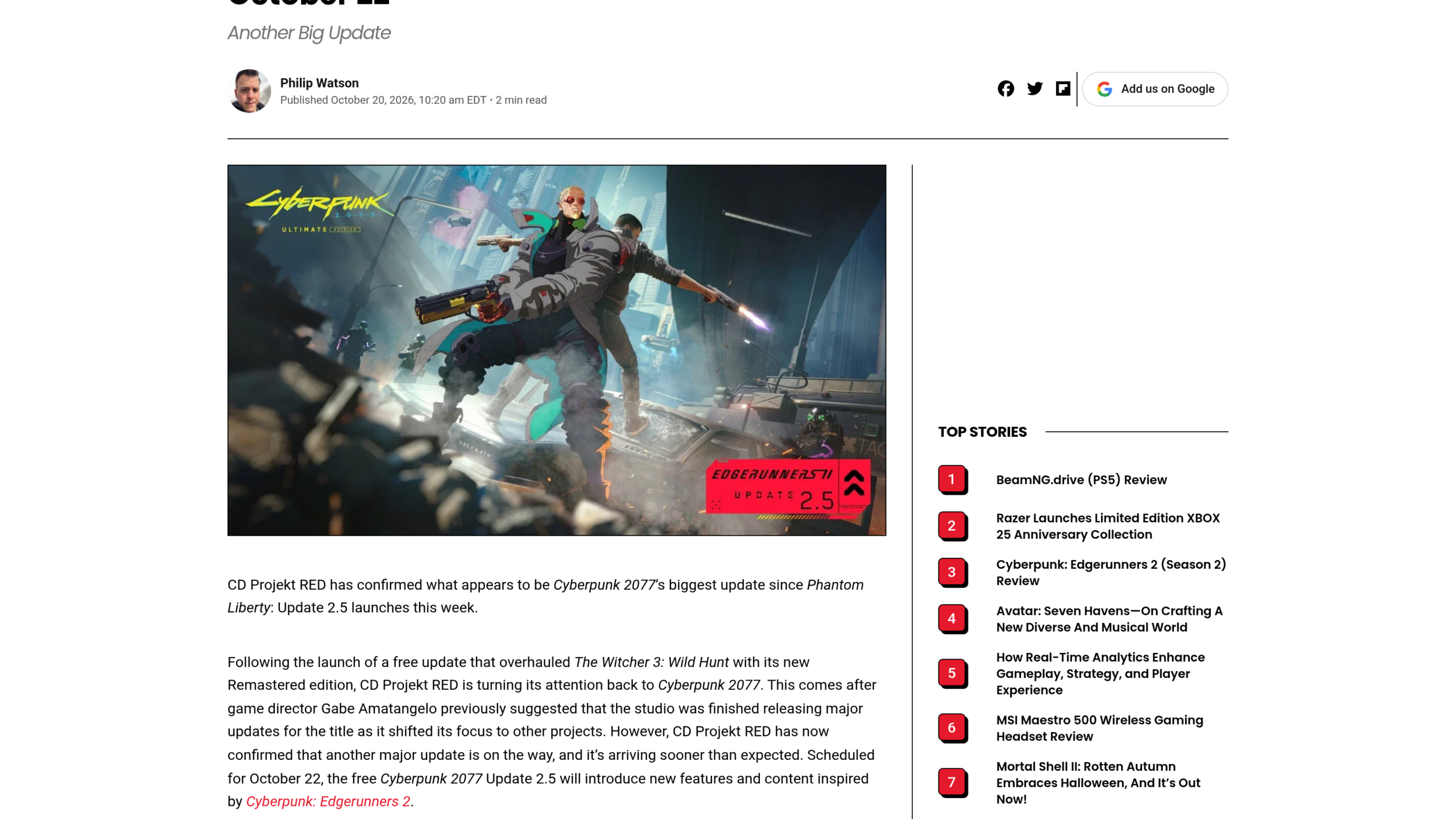 Début de l'article de Philip Watson sur CGMagazine, avec le visuel de la mise à jour 2.5 de Cyberpunk 2077