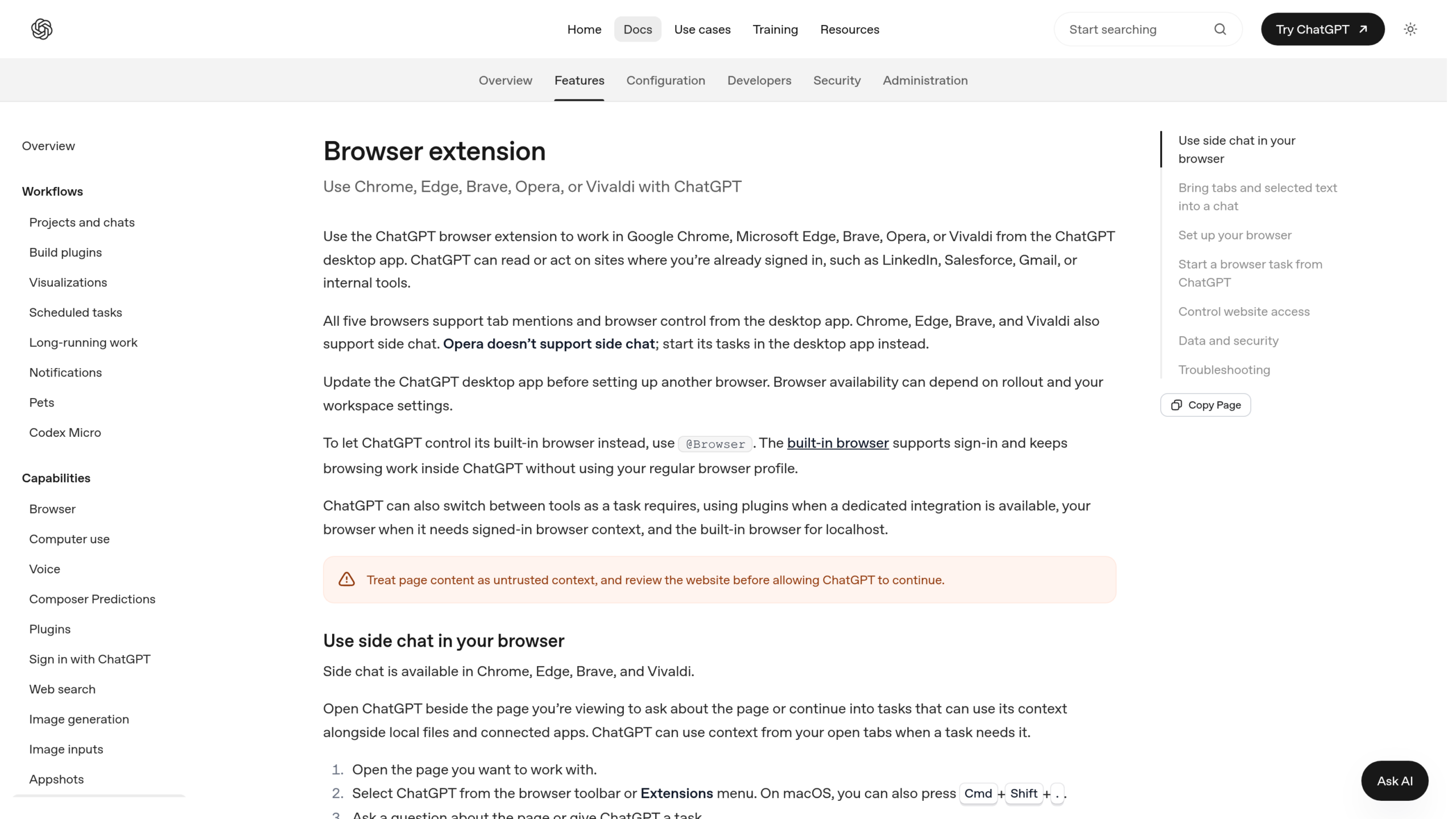 Page d'aide OpenAI intitulée Browser extension, avec la liste des navigateurs compatibles et un encadré rouge qui demande de traiter le contenu des pages comme non fiable