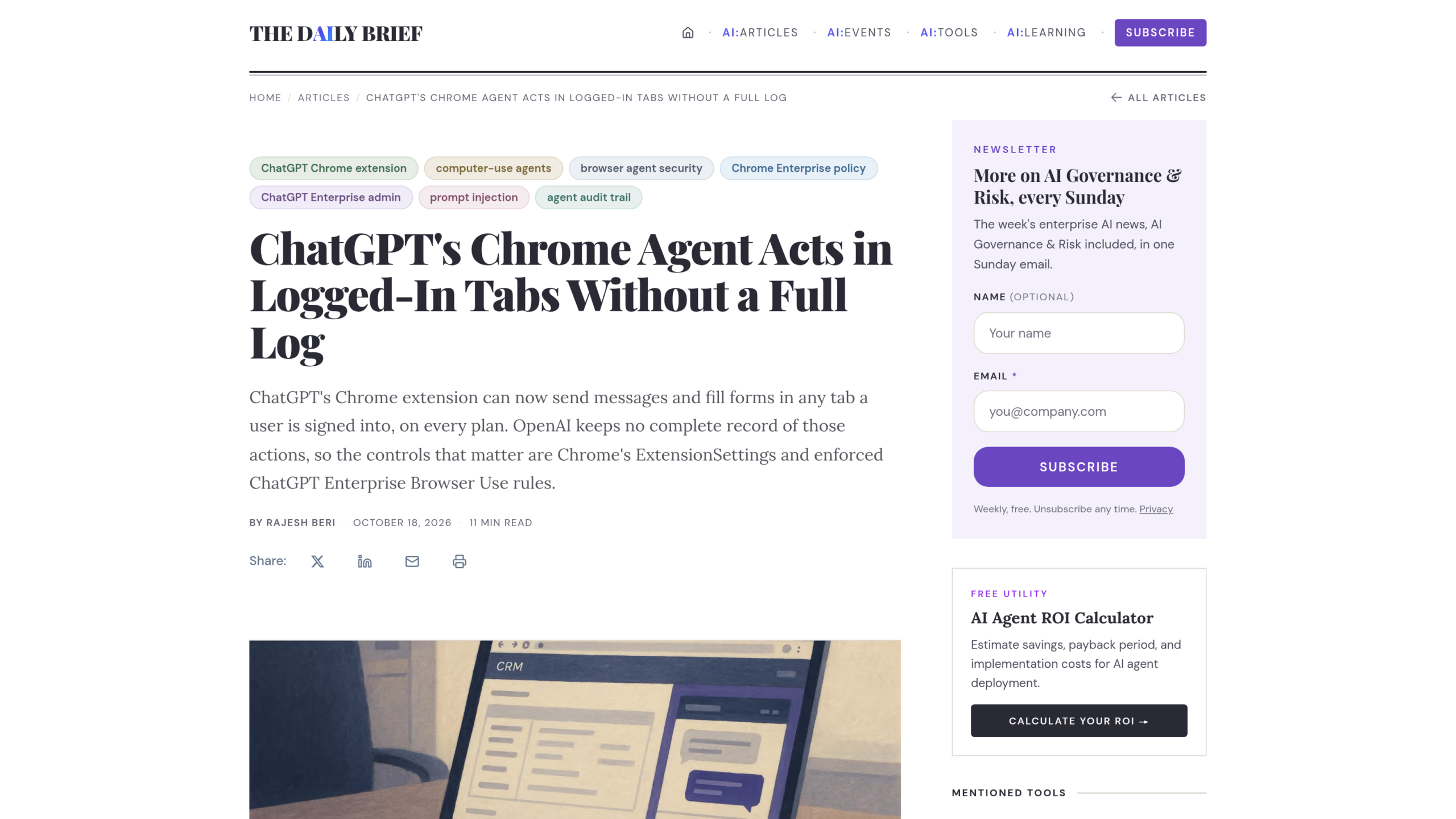 Article de The Daily Brief signé Rajesh Beri le 18 octobre 2026, intitulé ChatGPT's Chrome Agent Acts in Logged-In Tabs Without a Full Log
