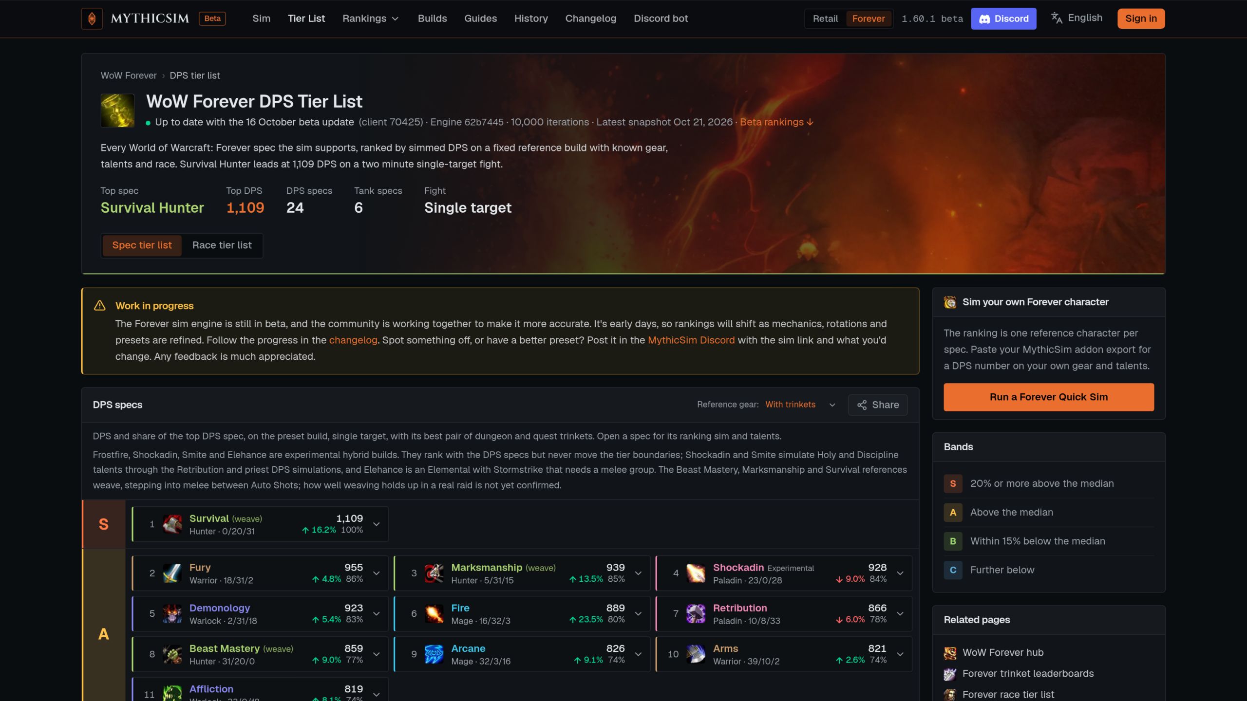 Capture de la tier list DPS de MythicSim, qui classe chaque spécialisation de WoW Forever, avec en tête le Chasseur Survie suivi du Guerrier Fureur, du Chasseur Précision, du Paladin et du Démoniste Démonologie