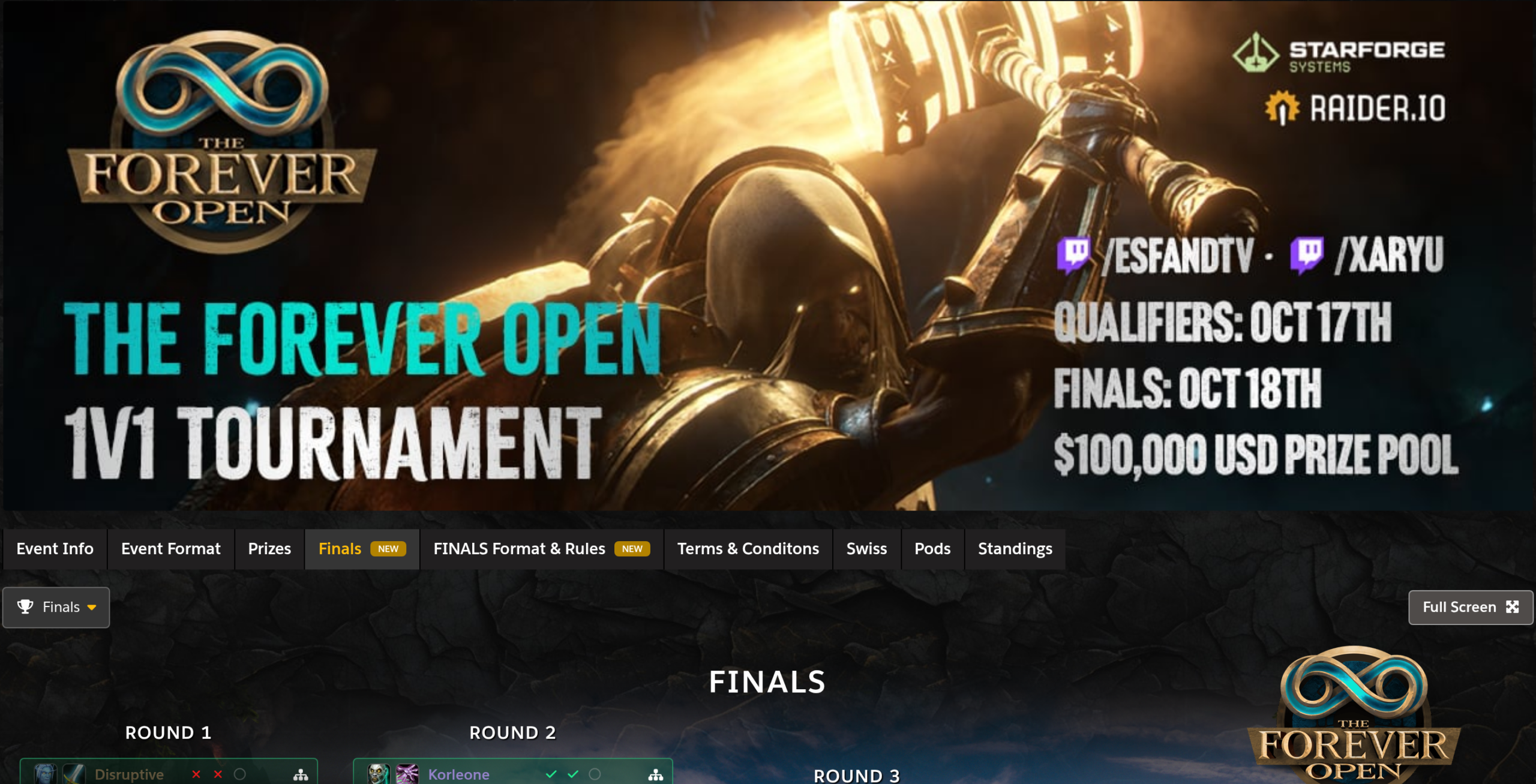 Page Raider.IO des finales du Forever Open : bannière du tournoi 1v1 et début du tableau final