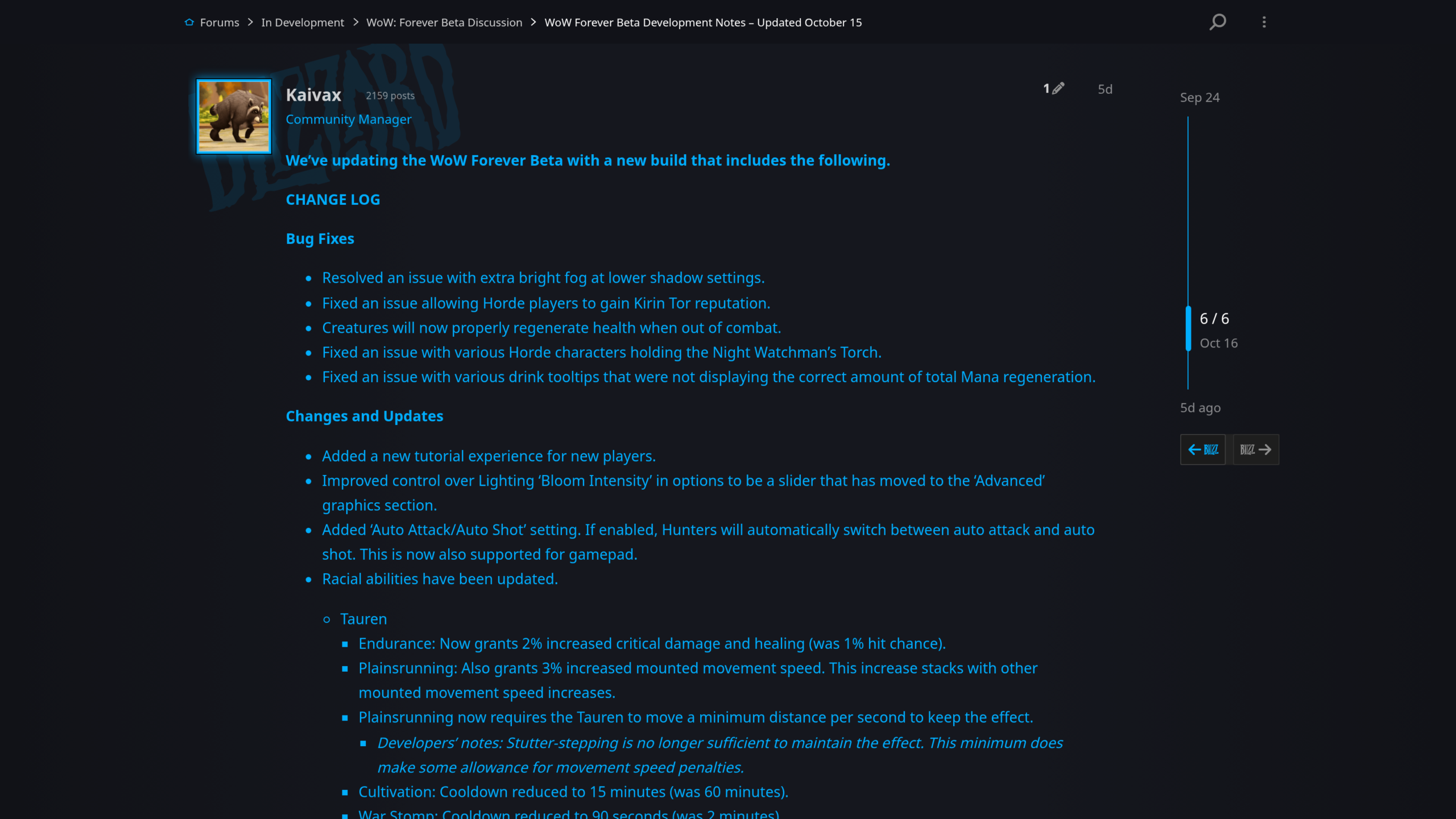 Message de Kaivax, Community Manager, sur le forum officiel Blizzard : notes de développement de la bêta de WoW Forever mises à jour le 15 octobre 2026