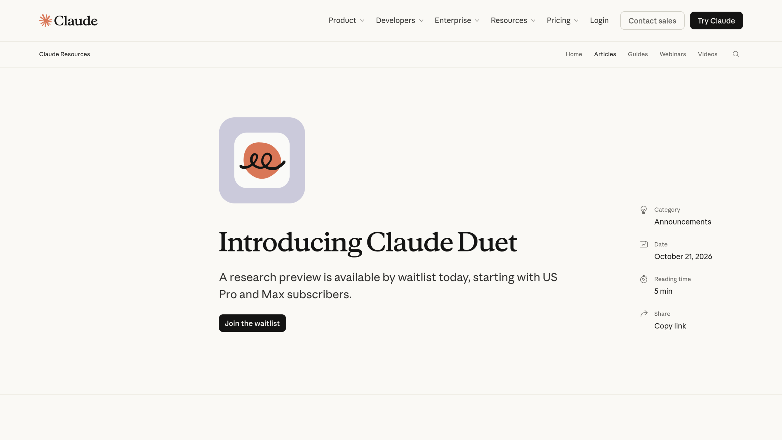 Page d'annonce d'Anthropic sur claude.com, avec l'icône de l'application, la date du 21 octobre 2026 et un bouton Join the waitlist