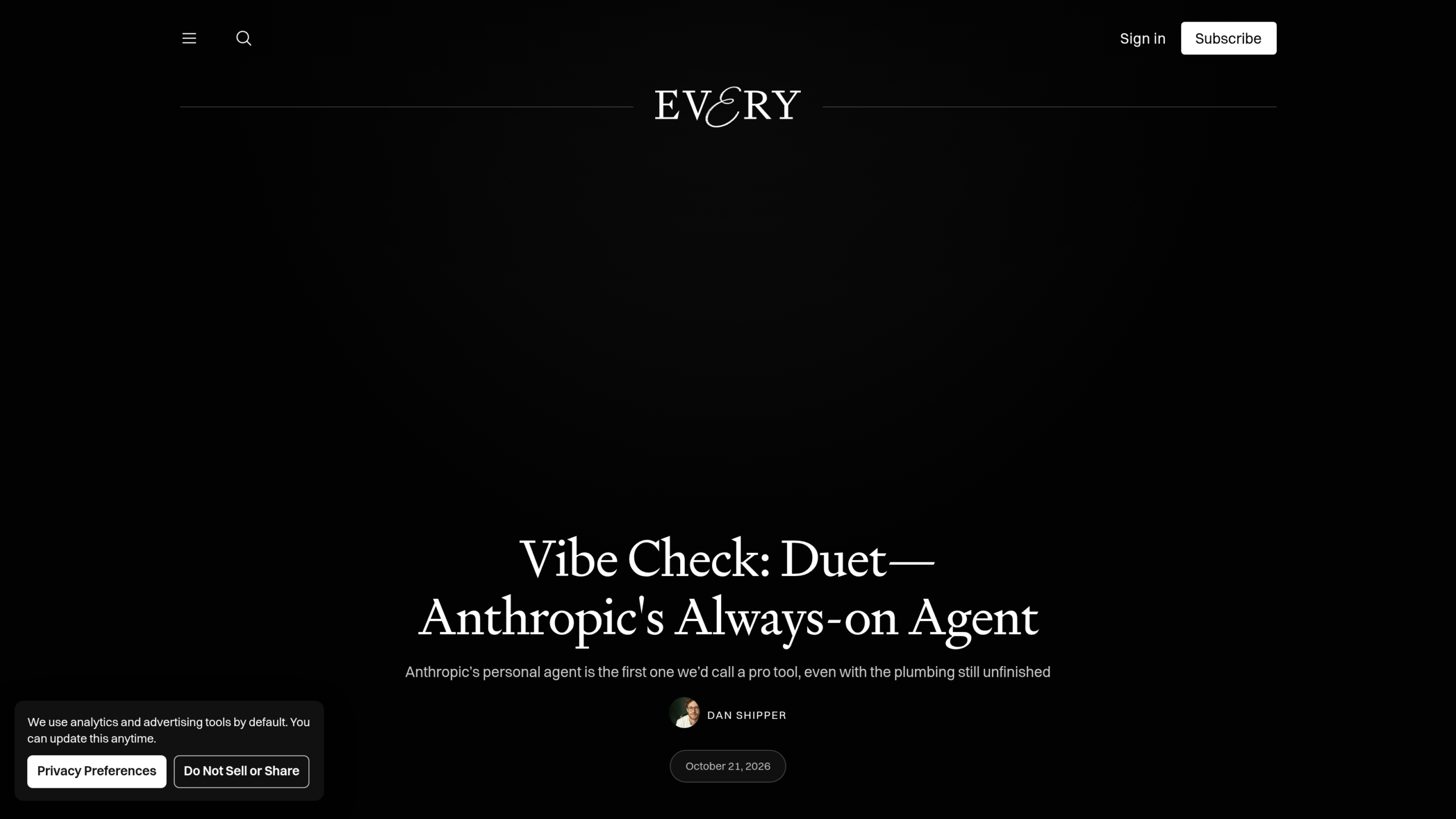 Page du Vibe Check d'Every sur l'agent d'Anthropic, signée Dan Shipper, datée du 21 octobre 2026, sur fond noir
