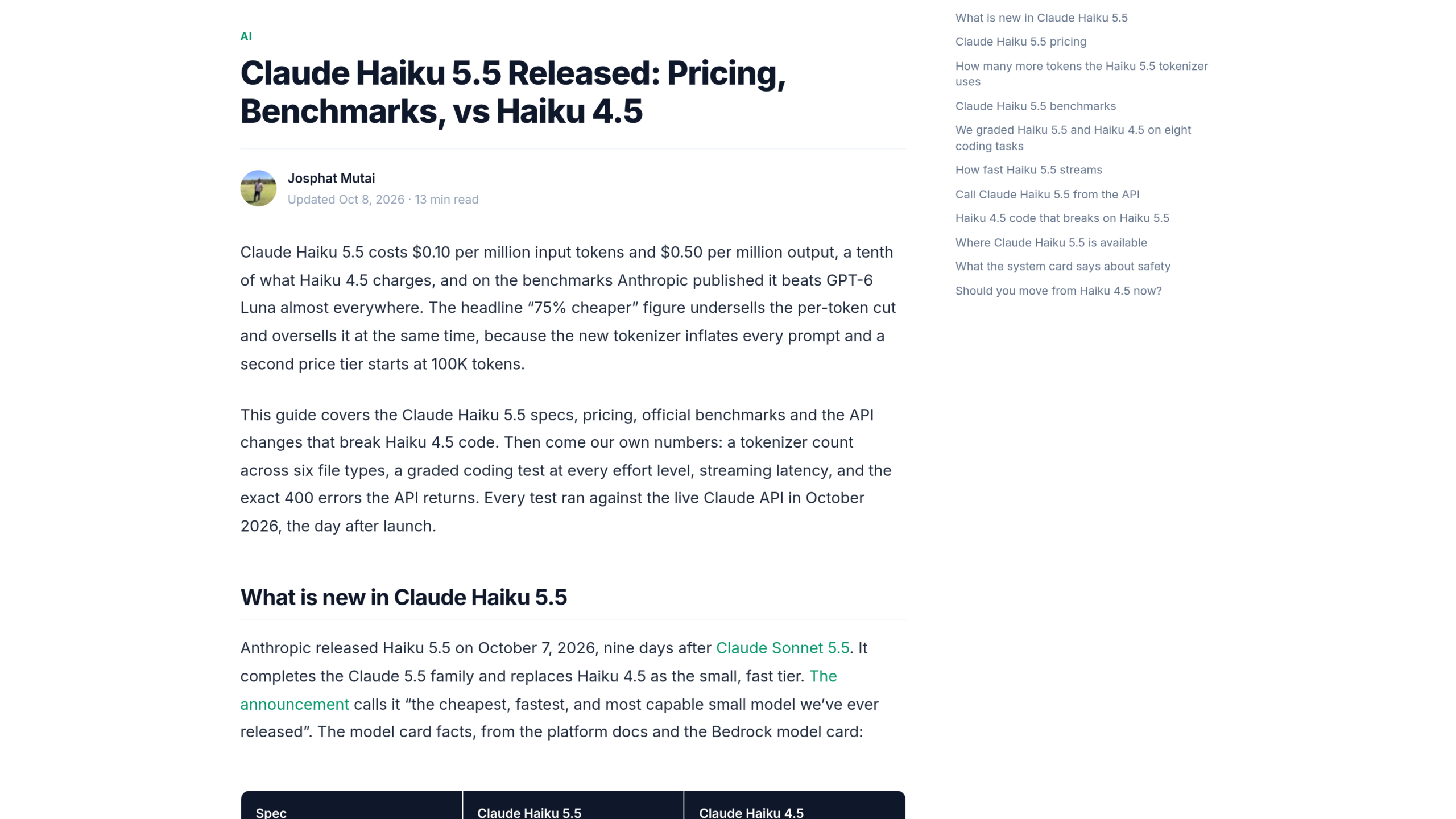Article de ComputingForGeeks sur Haiku 5.5 : titre sur le prix et les benchmarks face à Haiku 4.5, tarifs de 0,10 et 0,50 dollar par million de tokens, et remarque que le chiffre de 75 % d'économie sous-estime et surestime à la fois